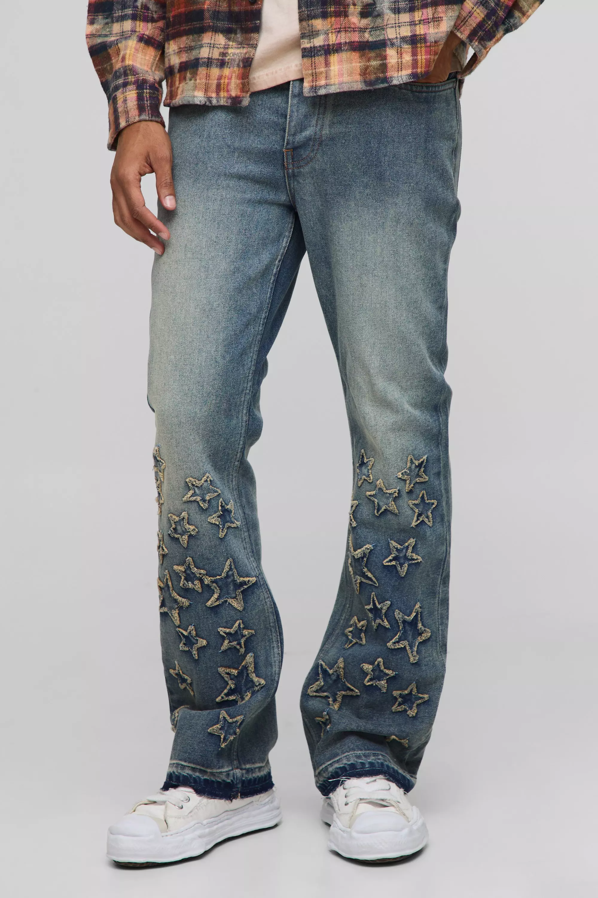 Slim Flared Star Applique Let Down Hem Jeans | boohooMAN USA