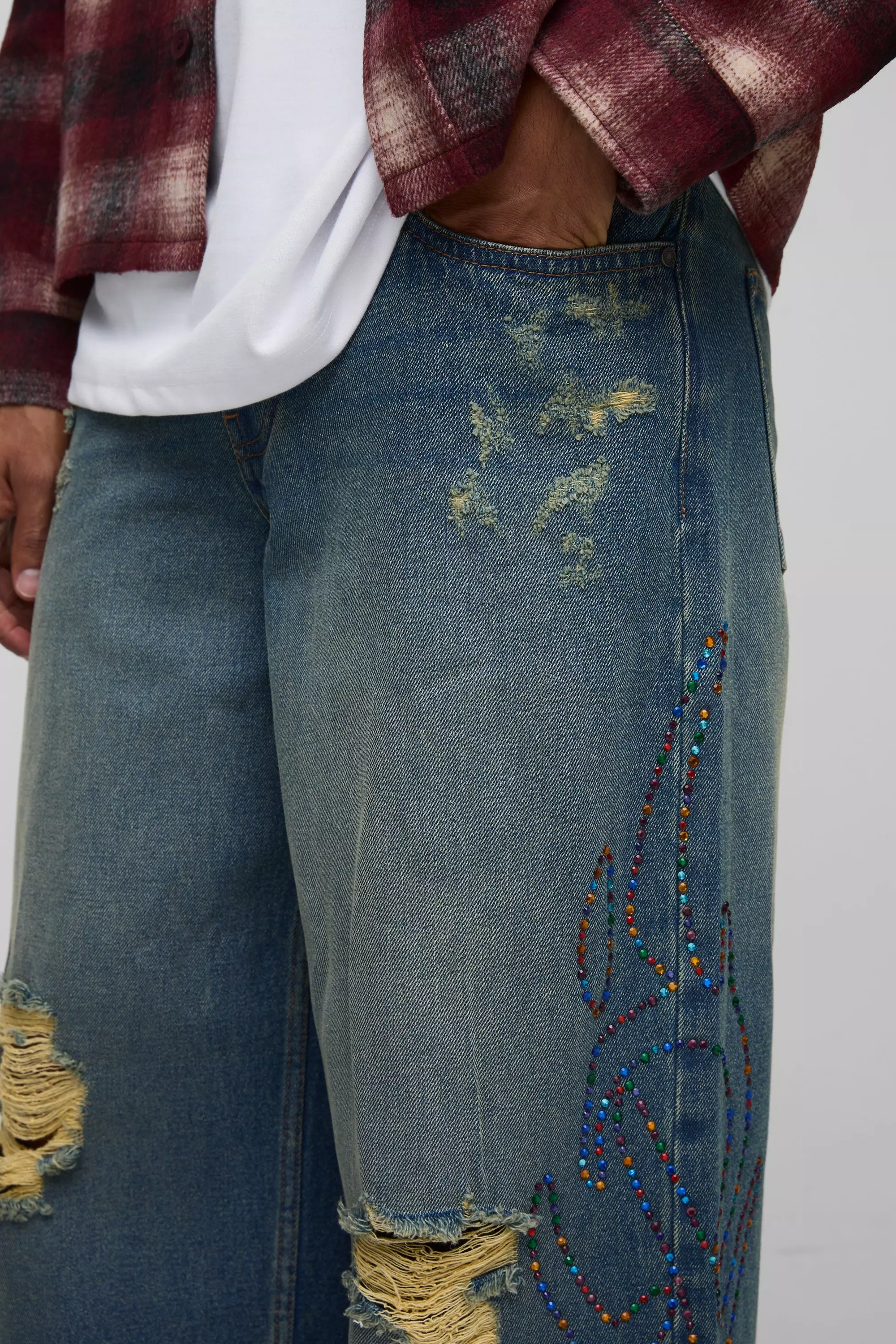 Baggy Fit Studded Tribal Washed Jeans | boohooMAN USA