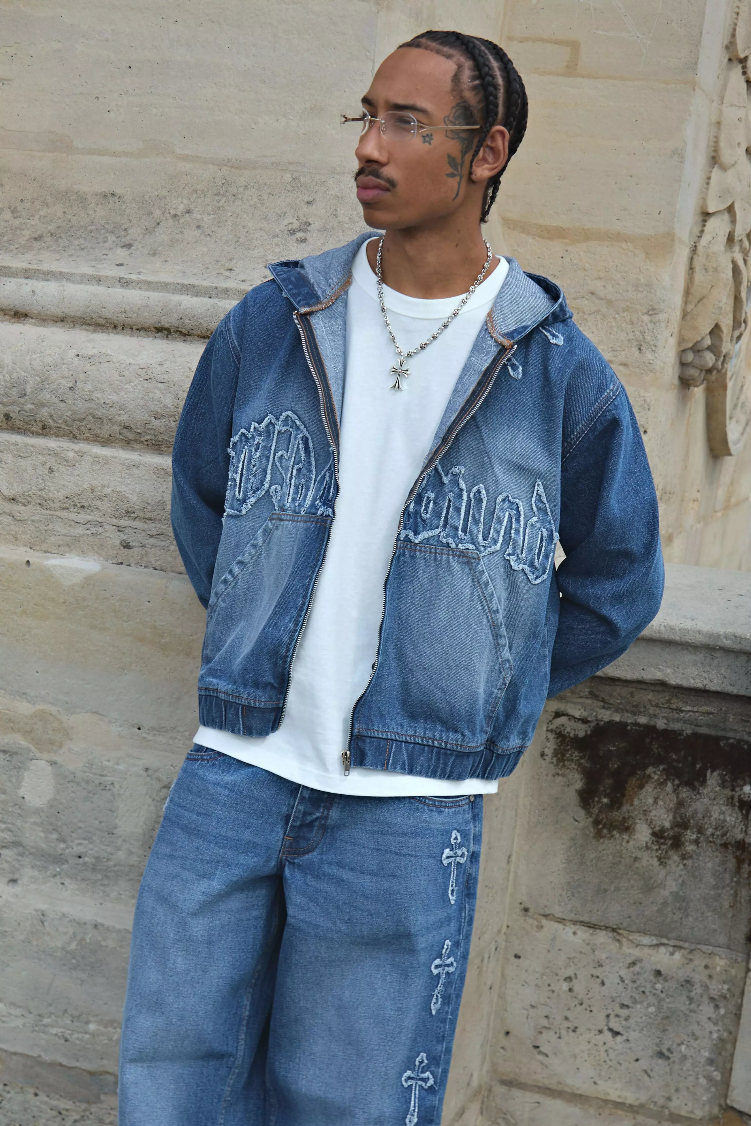 Oversized Boxy Cross Applique Washed Denim Hoodie | boohooMAN USA