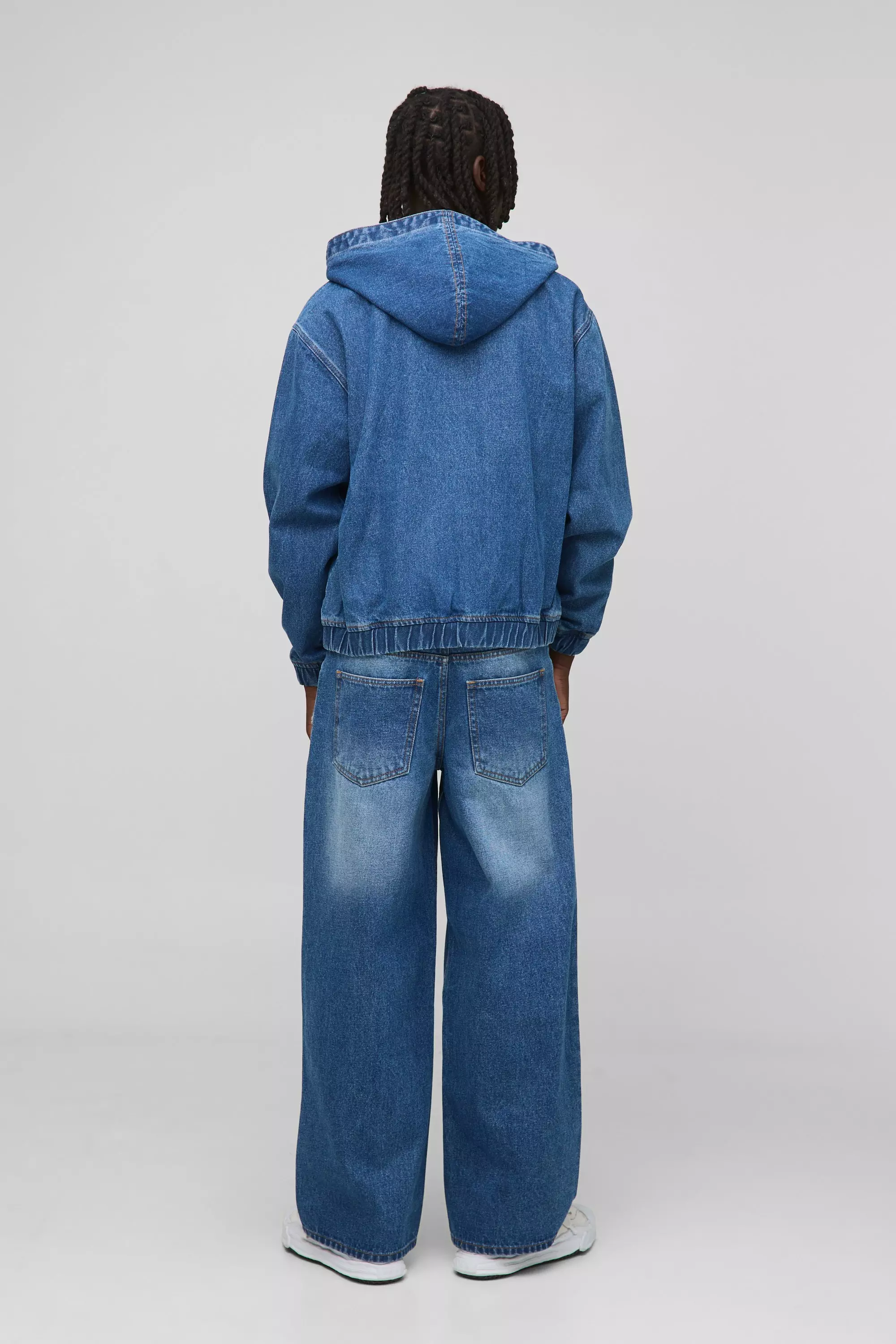 Oversized Boxy Cross Applique Washed Denim Hoodie | boohooMAN USA