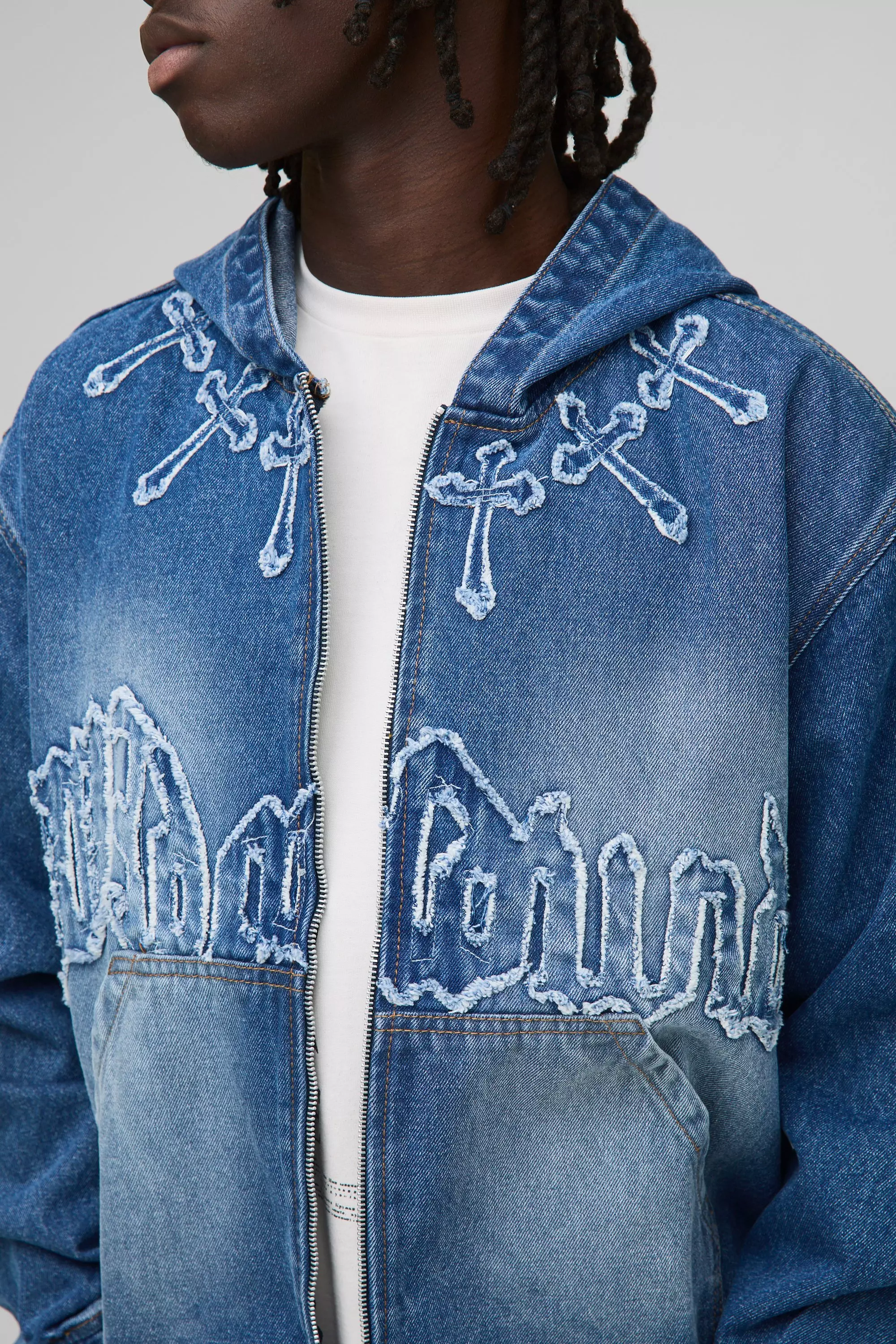 Oversized Boxy Cross Applique Washed Denim Hoodie | boohooMAN USA