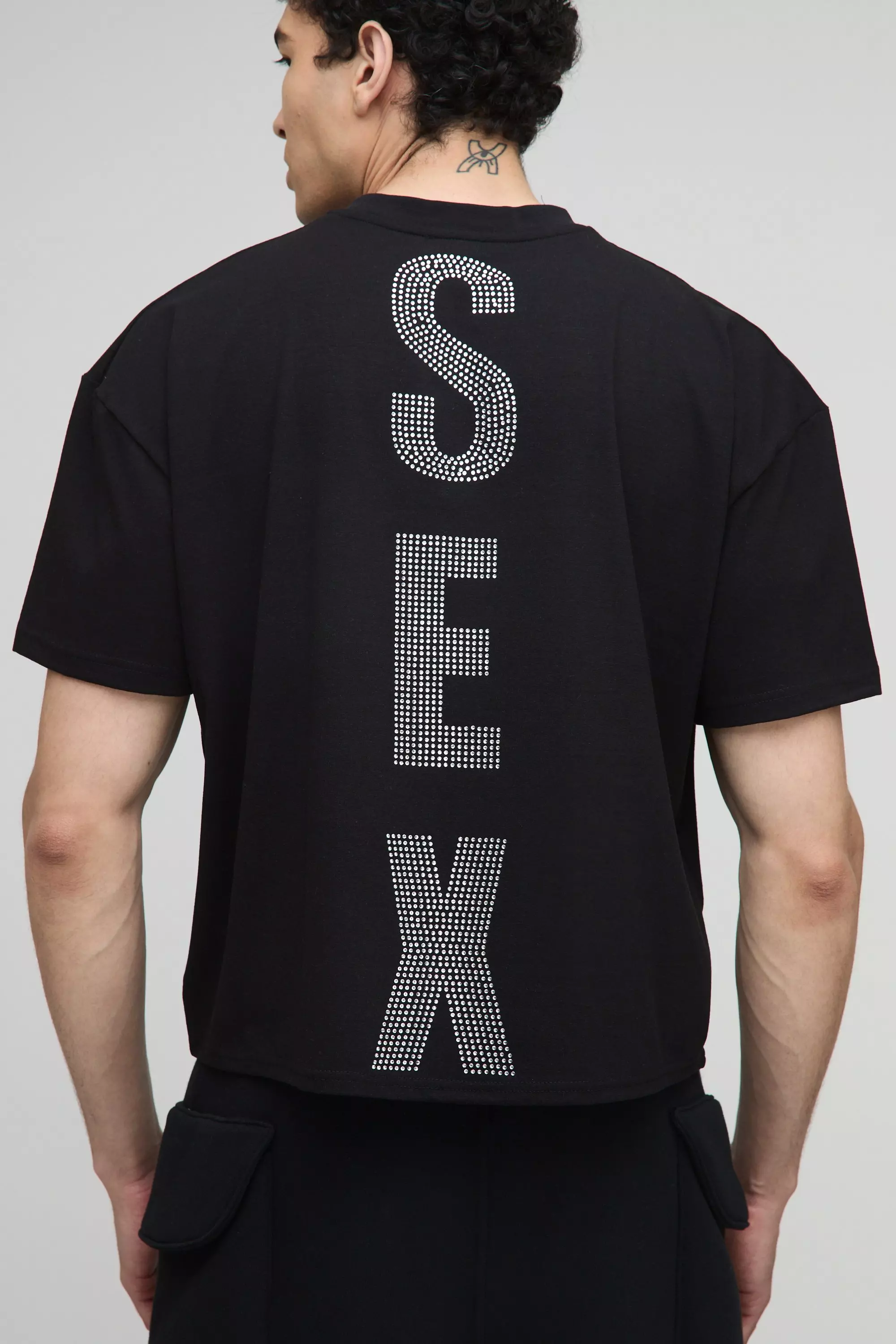 Oversized Boxy Rhinestone Slogan Pride T-Shirt Black