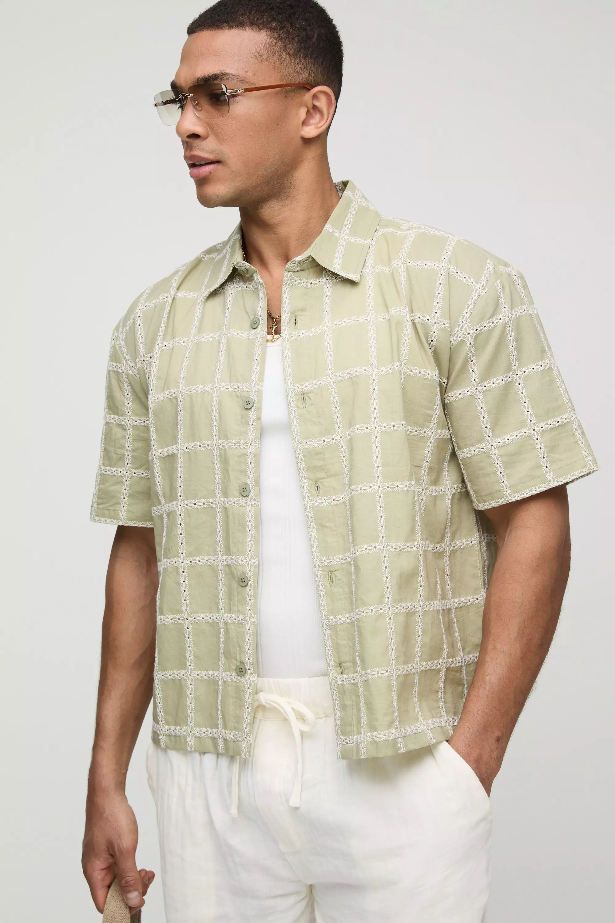 Oversized Boxy Embroiddery Check Collared Shirt Green