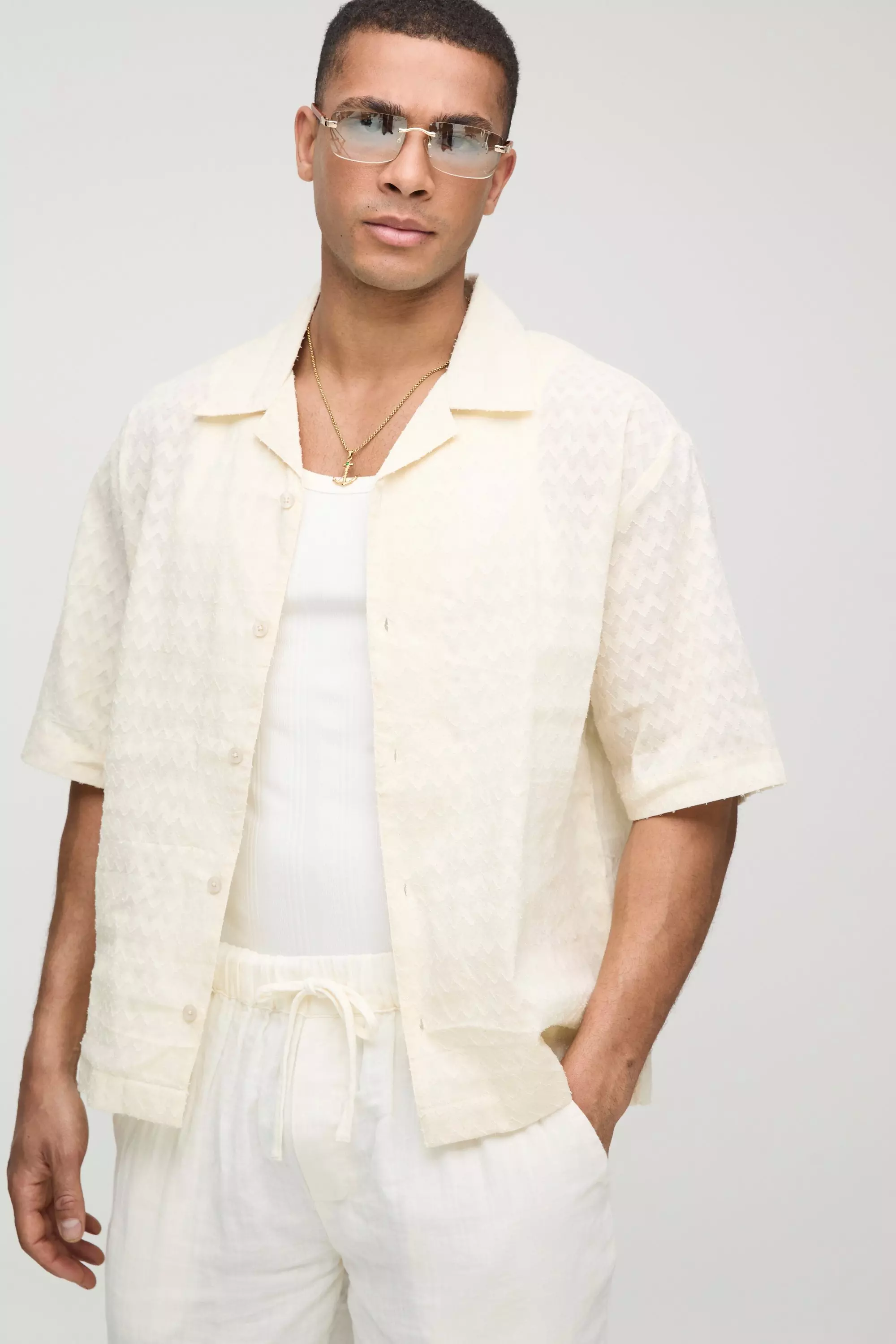 Oversized Half Sleeve Textured Revere Shirt Ecru