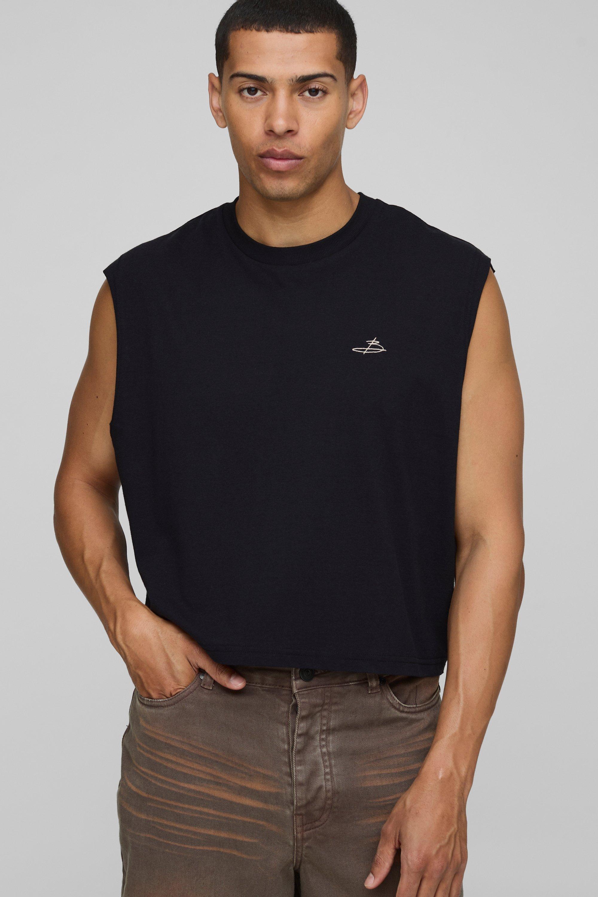 Oversized Shrunken Boxy B Signature Embroidered Tank | boohooMAN