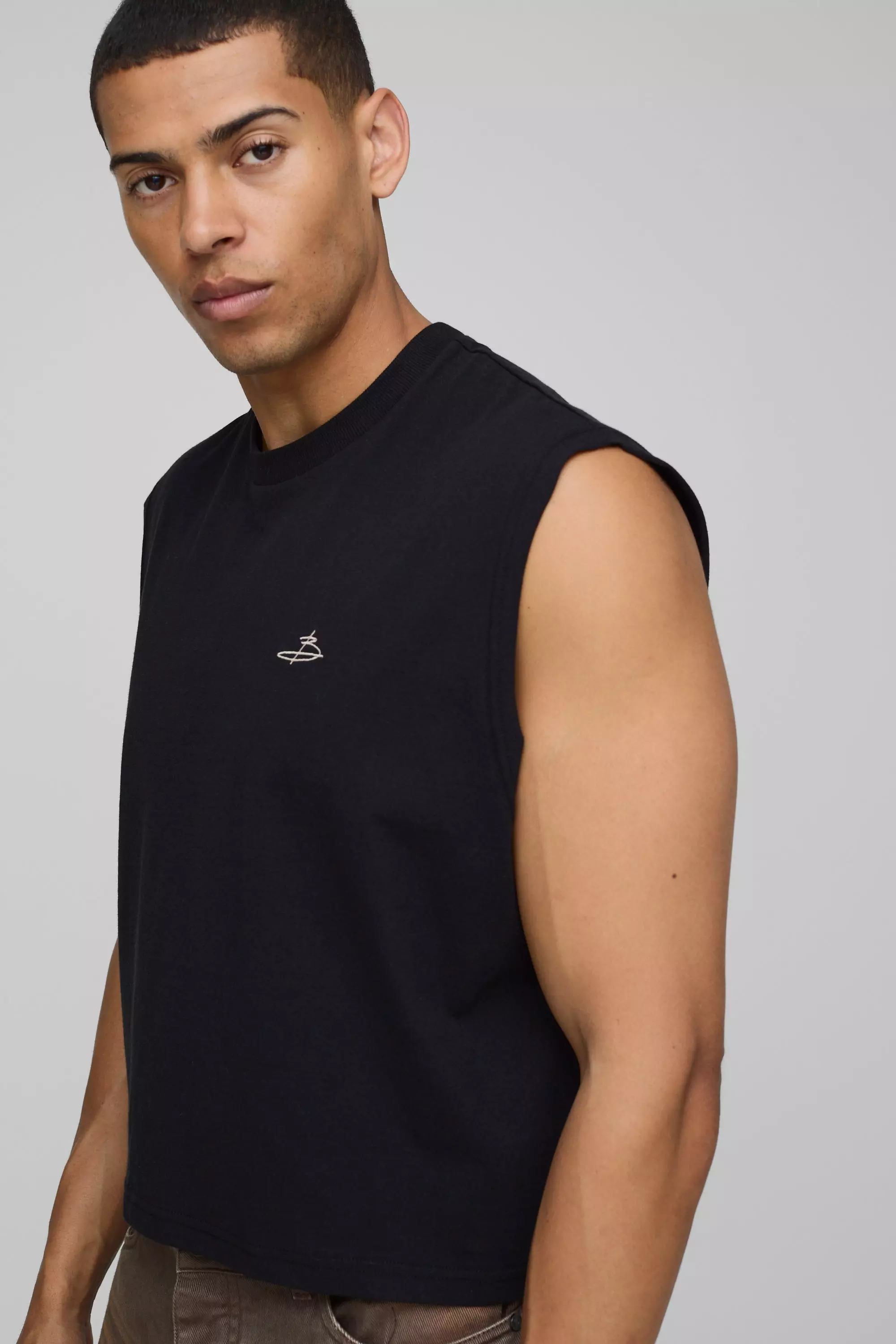 Oversized Shrunken Boxy B Signature Embroidered Tank | boohooMAN