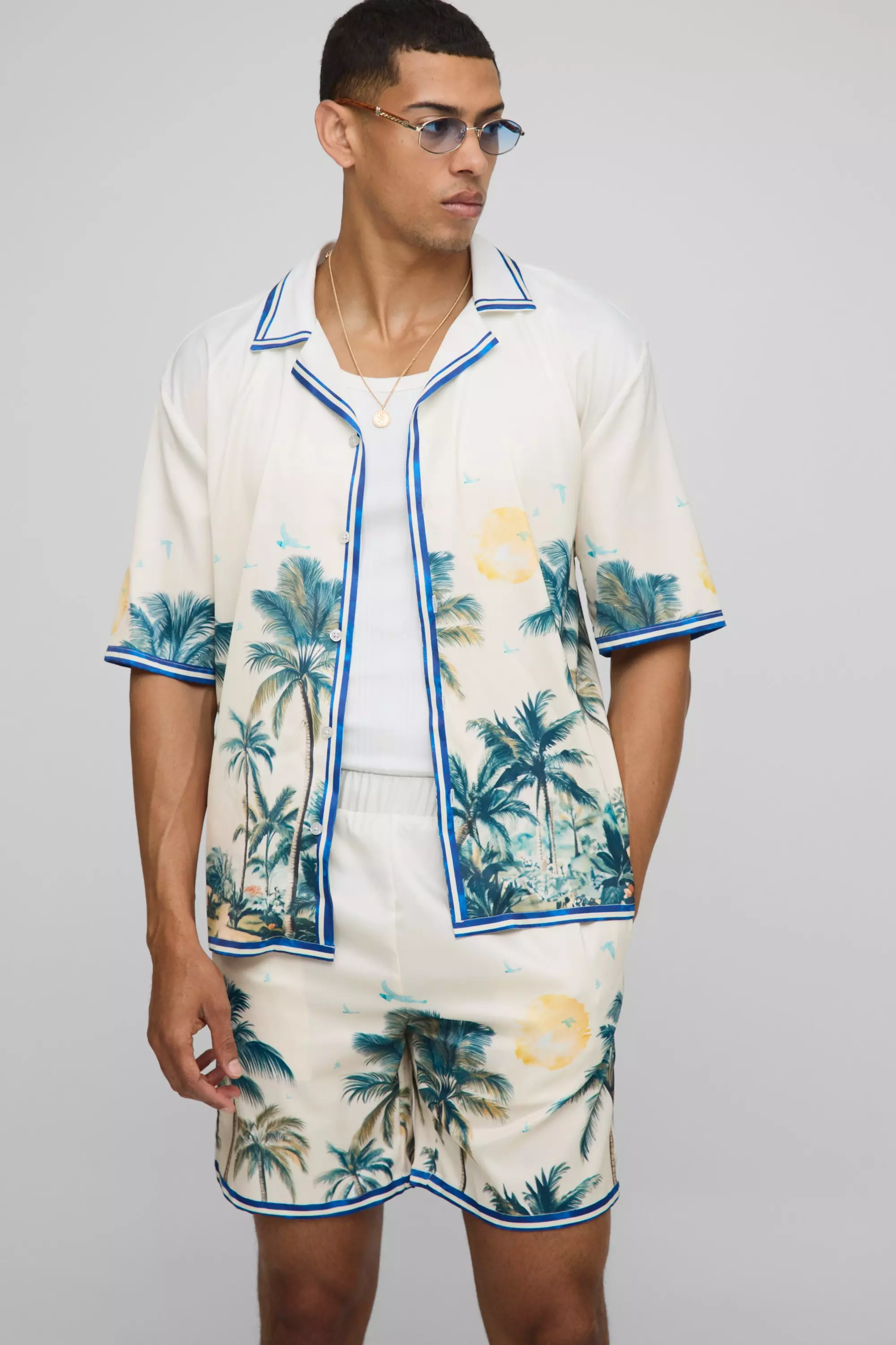 Oversized Palm Print Satin Shirt and Short Set | boohooMAN USA