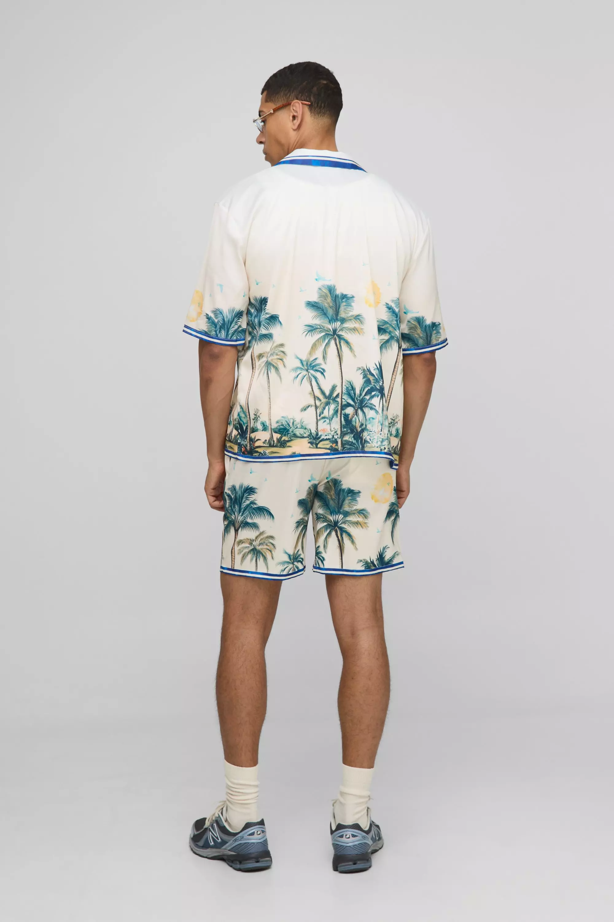 Oversized Palm Print Satin Shirt and Short Set | boohooMAN USA
