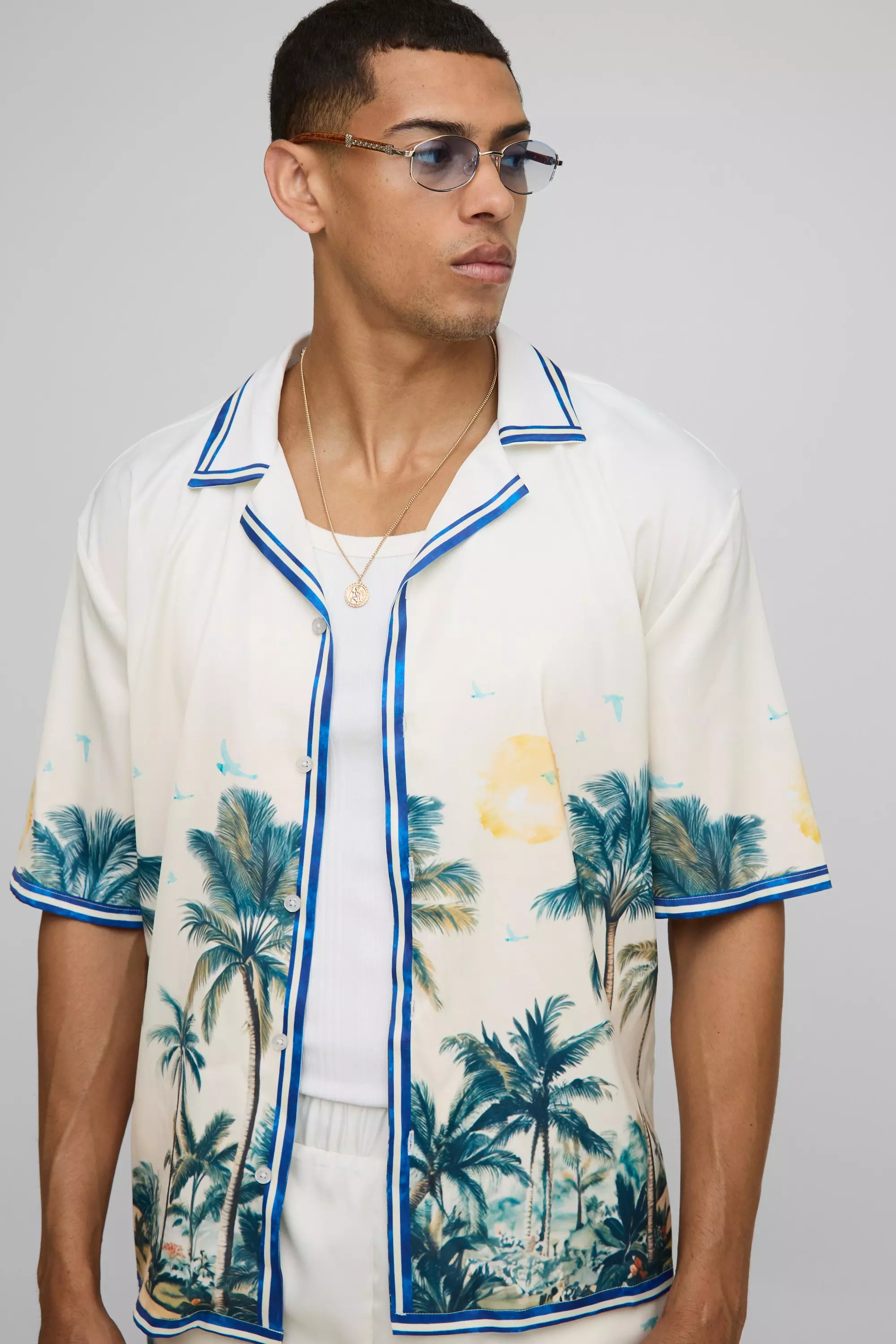 Oversized Palm Print Satin Shirt and Short Set | boohooMAN USA