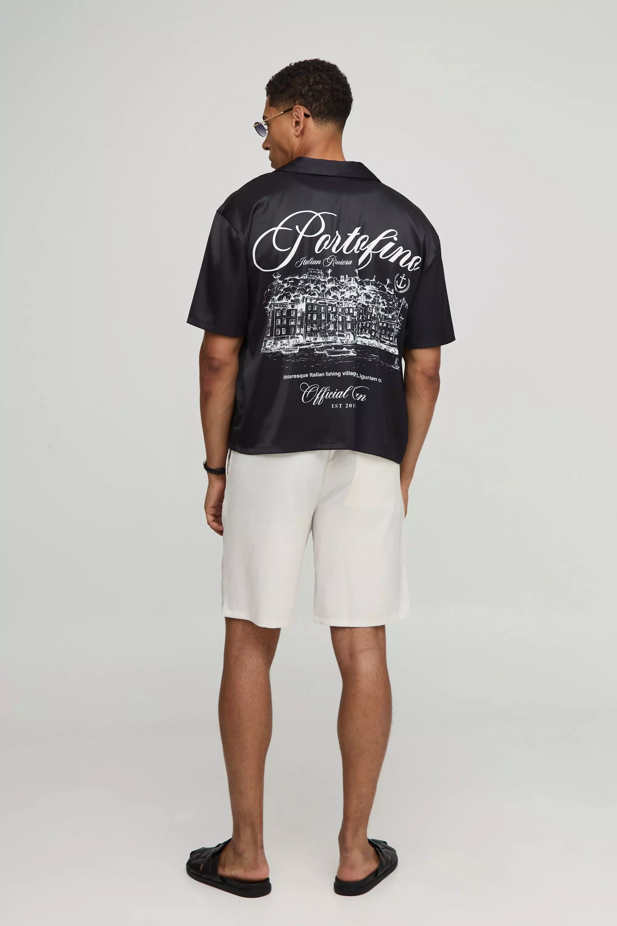 Oversized Boxy Portofiino Print Satin Shirt and Short Set | boohooMAN USA