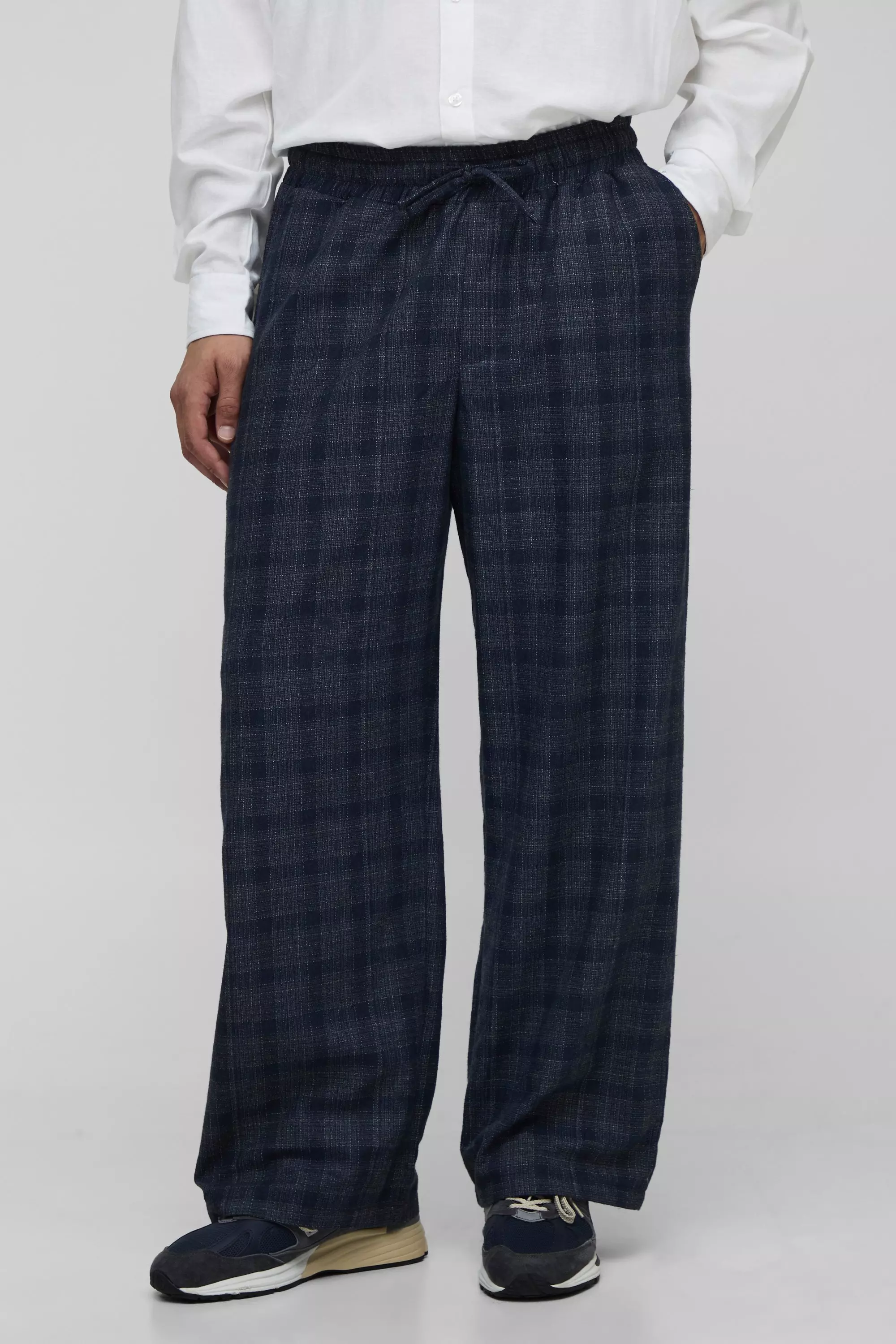 Grey Elasticated Waistband Wide Leg Check Trousers
