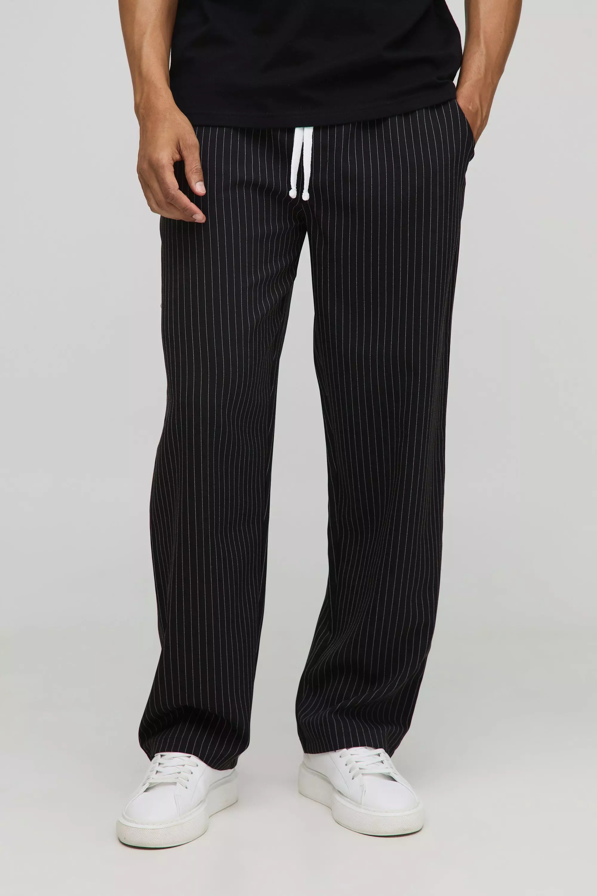 Black Elasticated Waistband Relaxed Pinstripe Casual Trousers