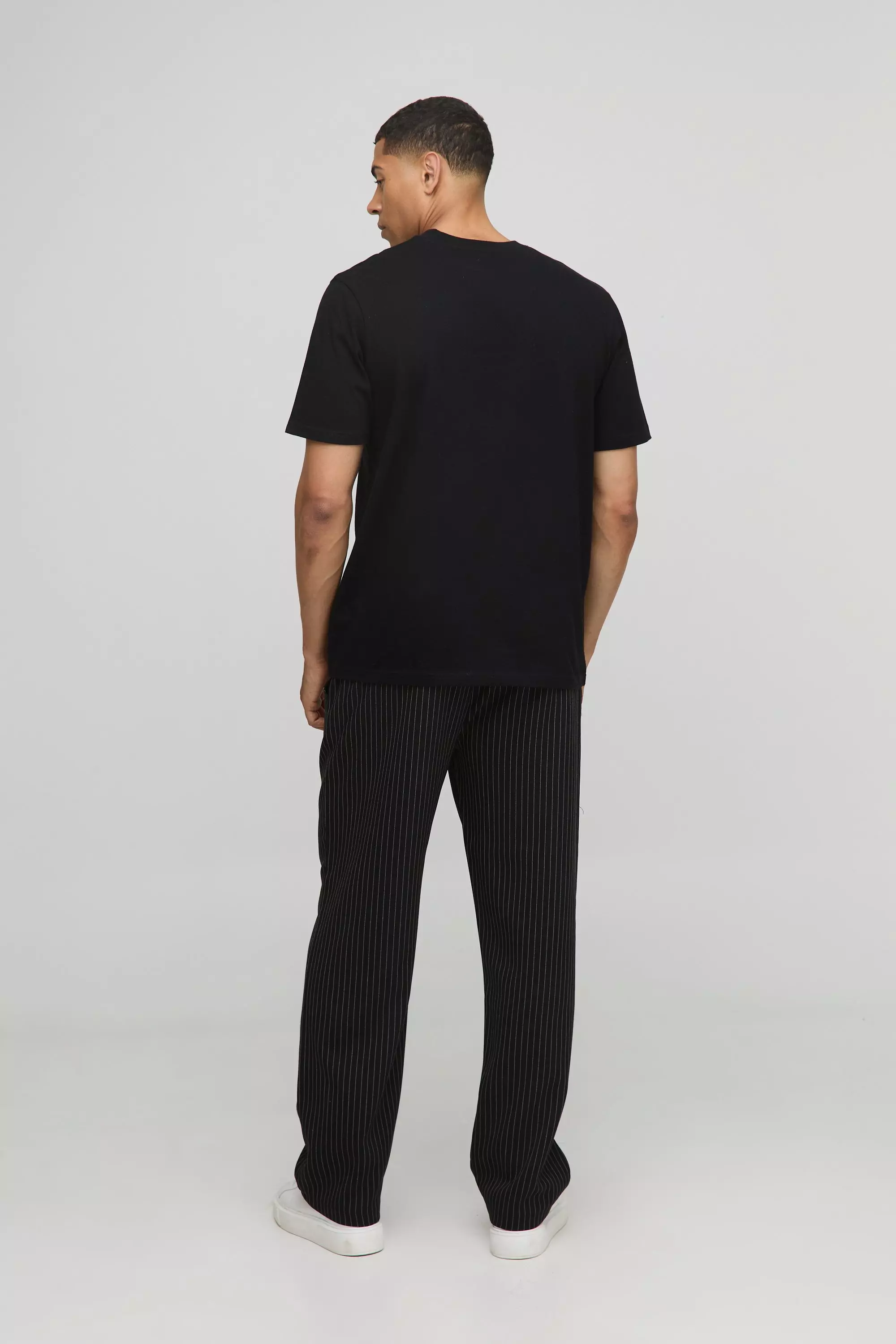 Elasticated Waistband Relaxed Pinstripe Casual Pants | boohooMAN USA