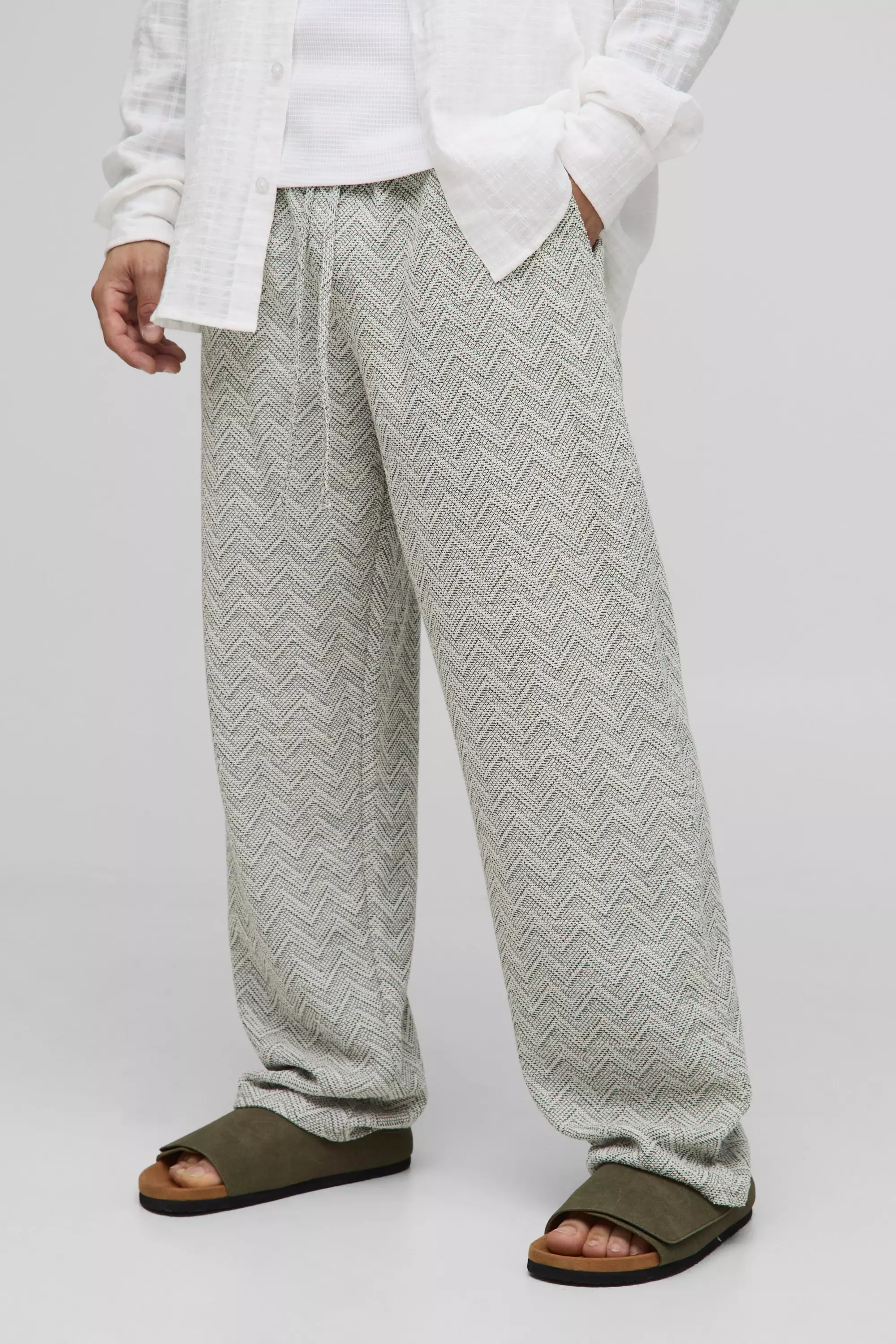 Sage Green Elasticated Waist Zig Zag Boucle Trousers