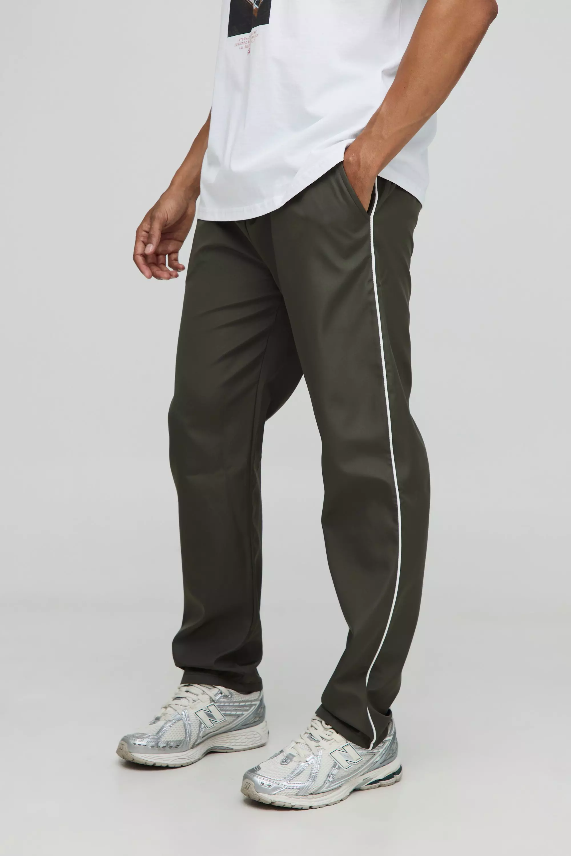 Khaki Elasticated Waist Straight Fit Dropped Crotch Pipping Trousers