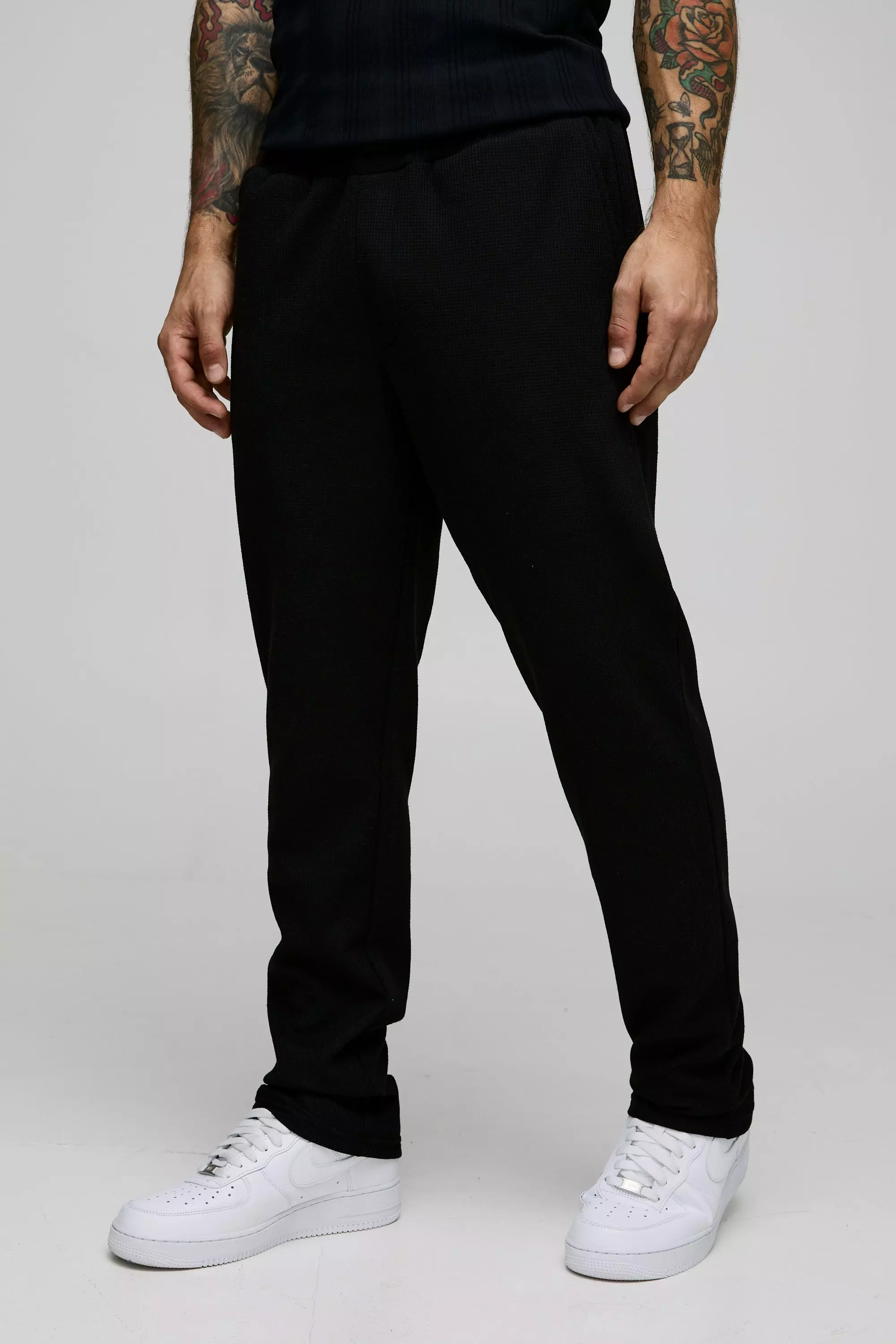 Elasticated Waist Slim Fit Waffle Smart Trousers Black