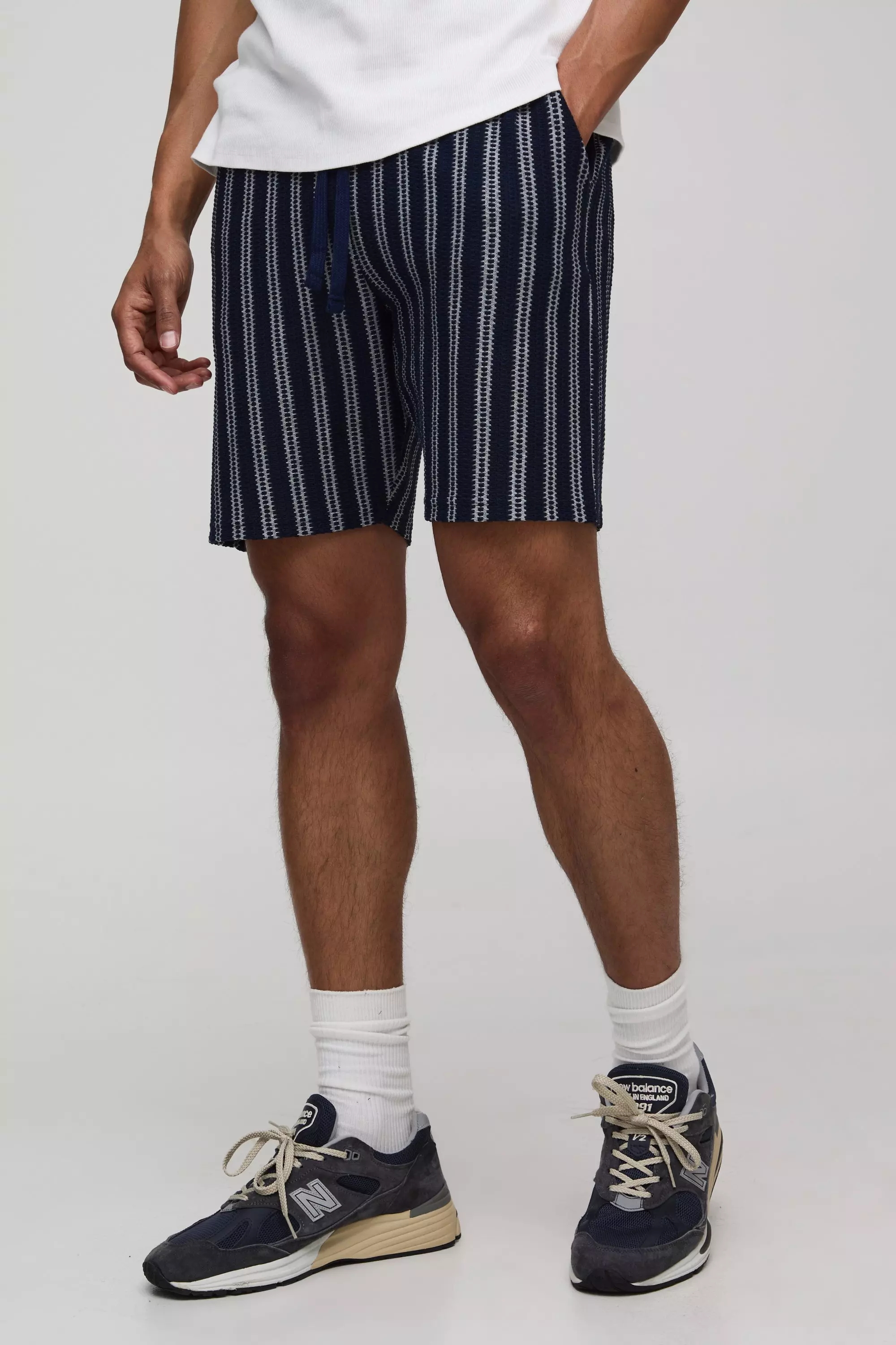 Elasticated Waist Slim Fit Crochet Shorts Navy