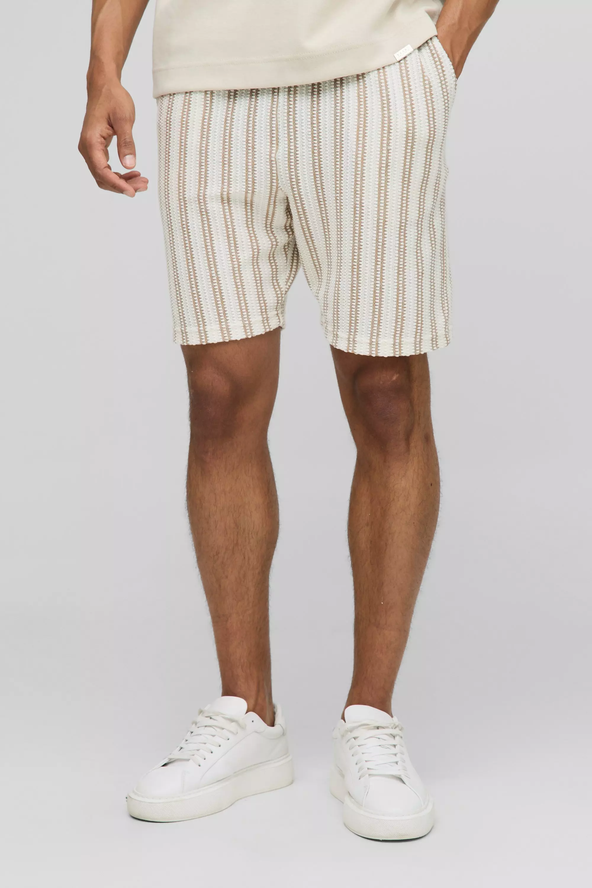Elasticated Waist Slim Fit Crochet Shorts Ecru
