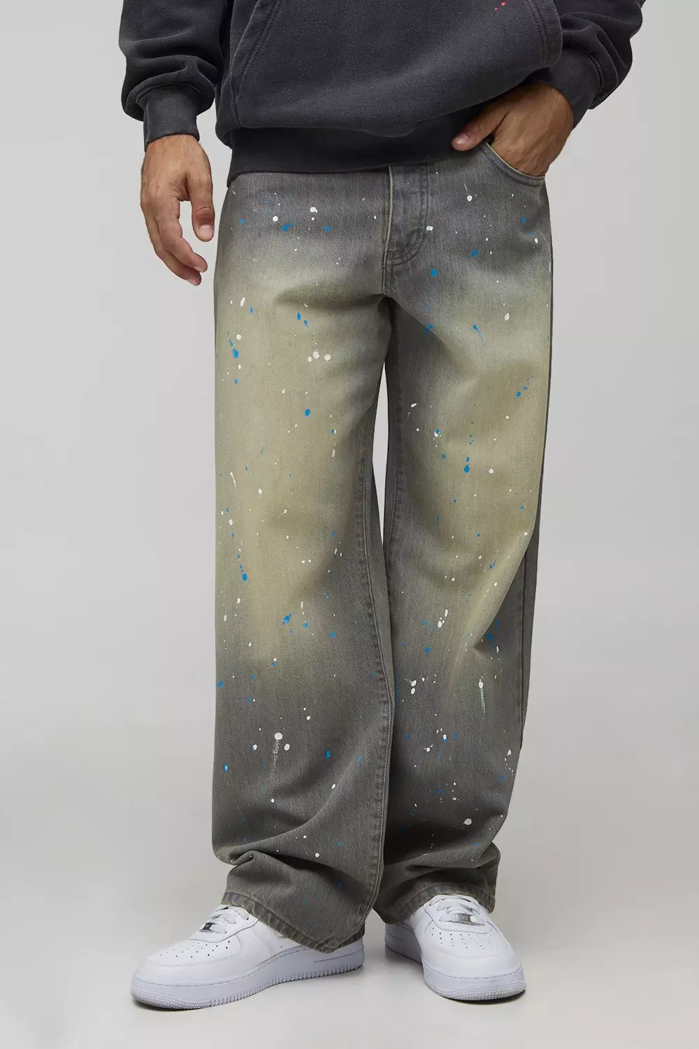 Relaxed Rigid Paint Splatter Denim Jeans | boohooMAN USA
