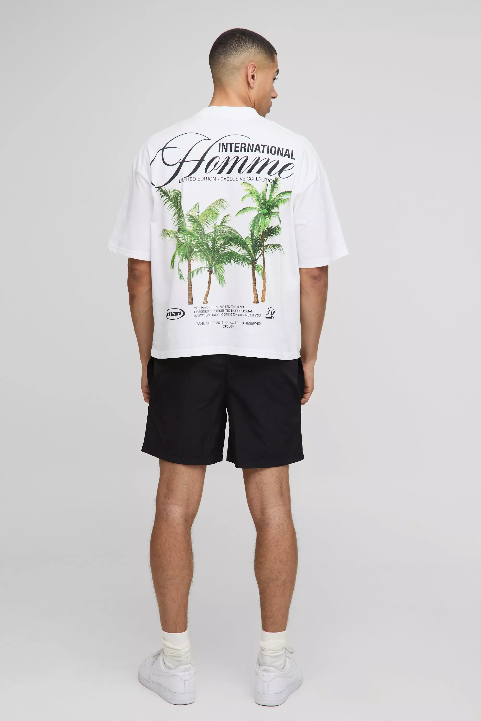 White Oversized Boxy Extended Neck Palm Print T-Shirt alternative image