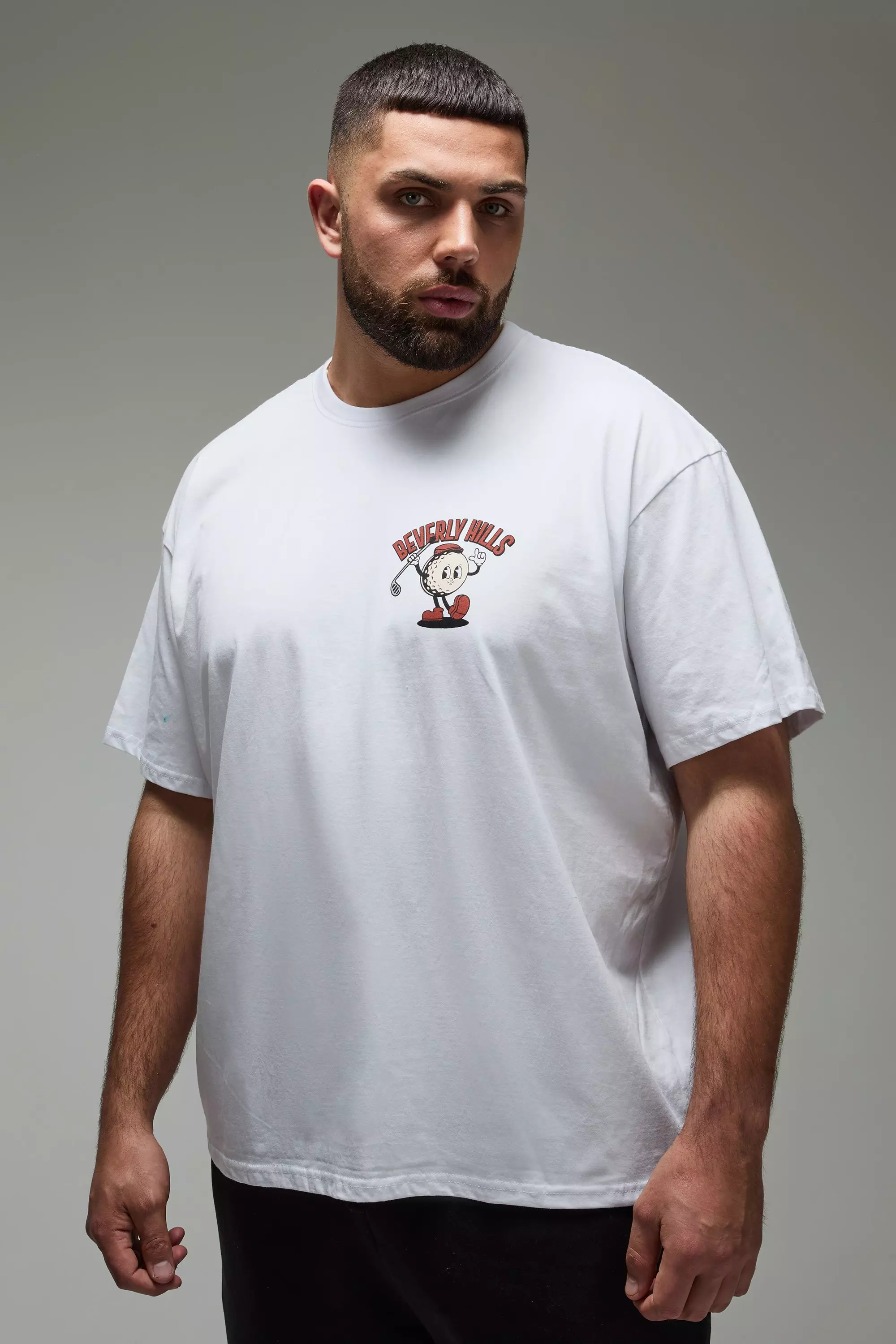 Plus Oversized Beverley Hills Golf Cartoon Graphic T-Shirt | boohooMAN USA