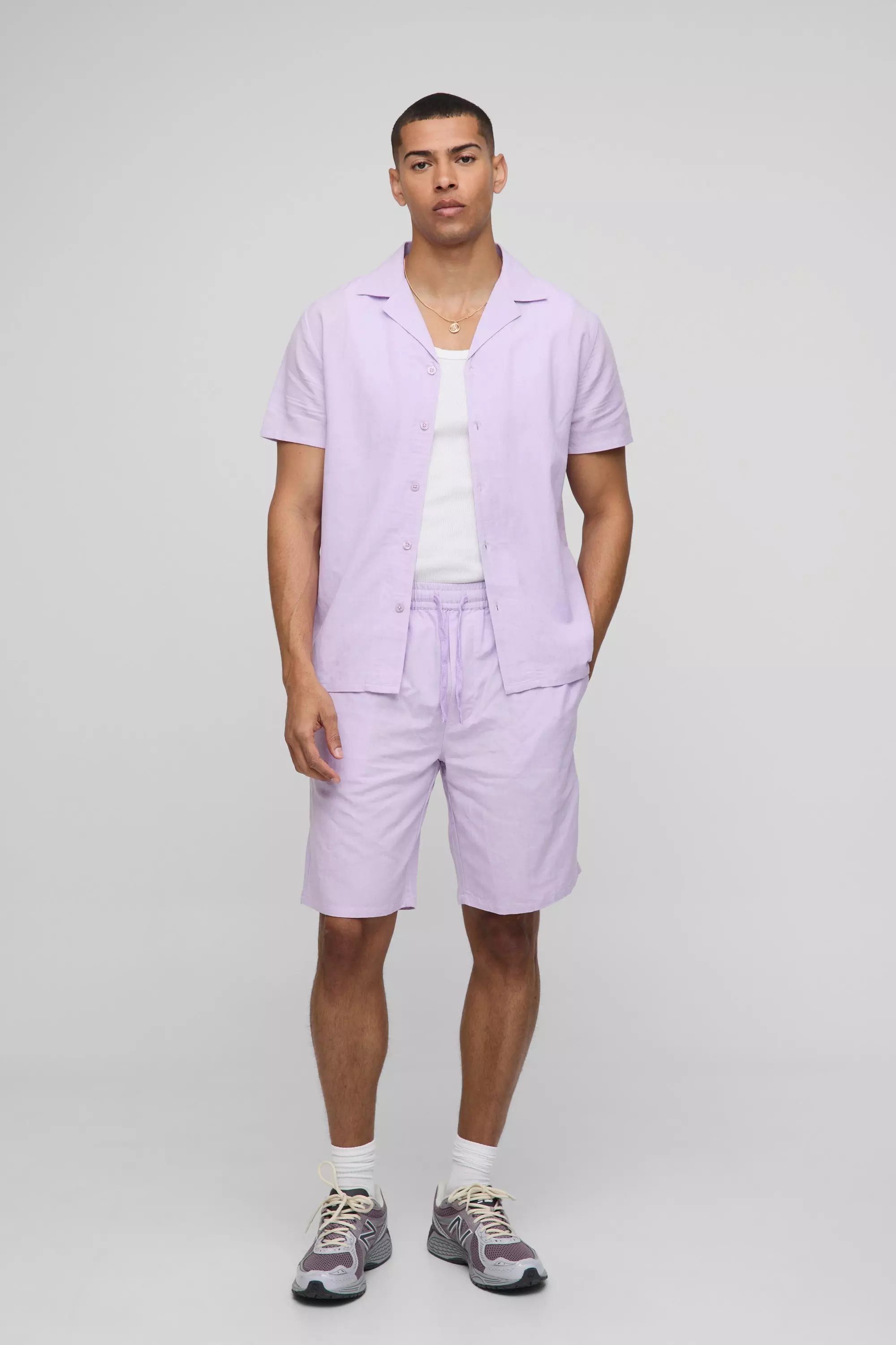 Regular Revere Linen Look Shirt & Short Set | boohooMAN USA