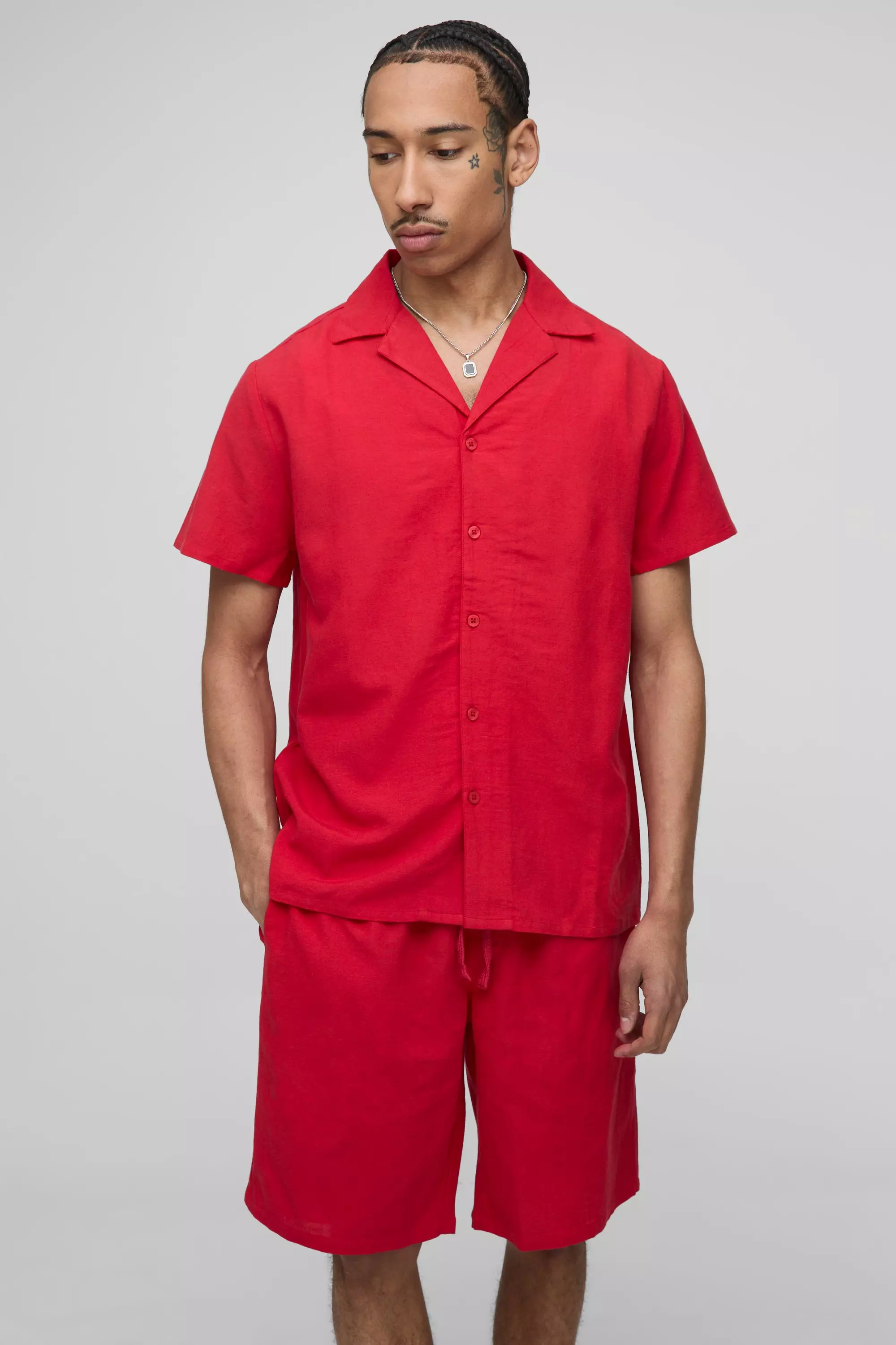Regular Revere Linen Look Shirt & Short Set Red