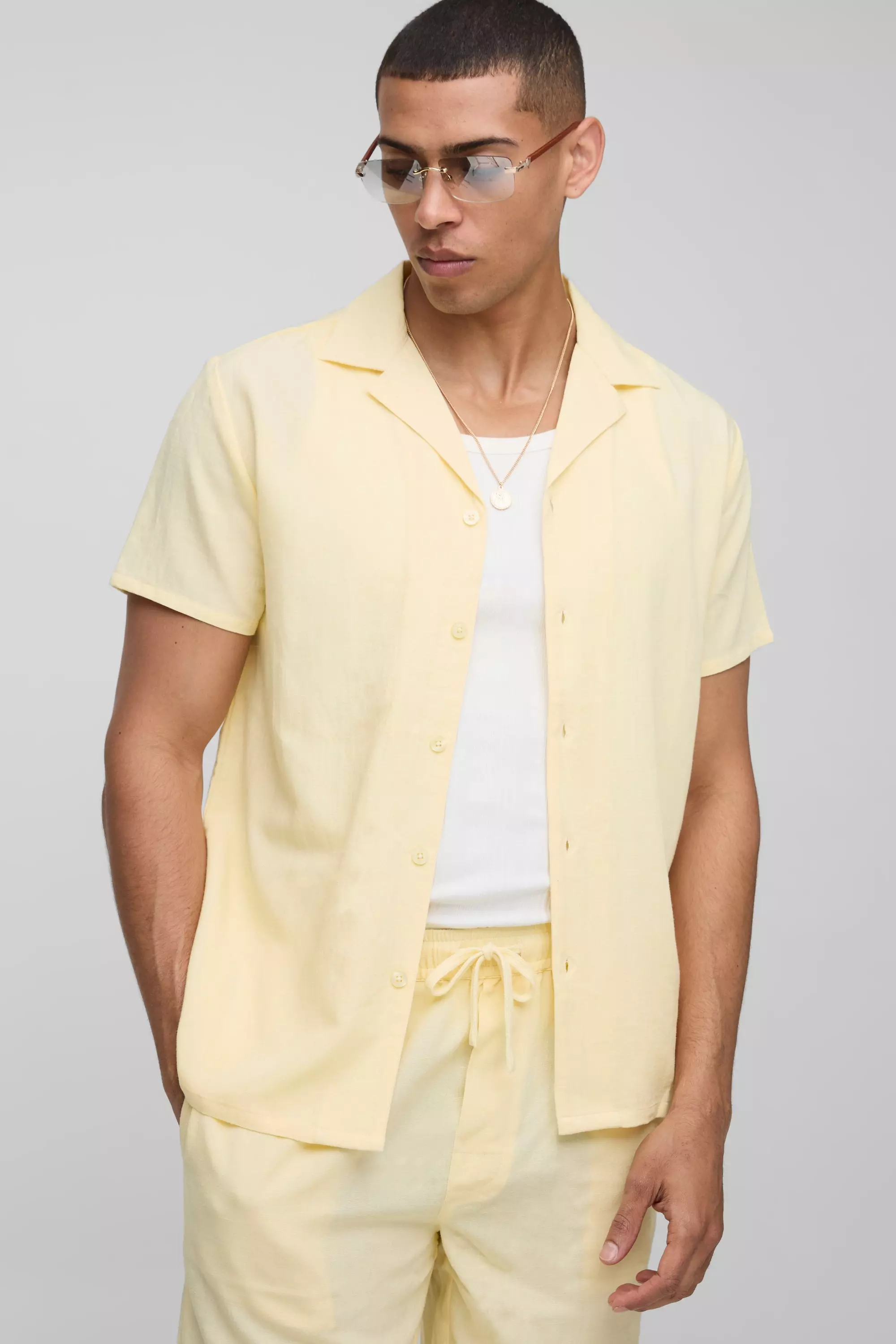 Yellow Regular Revere Linen Look Shirt & Short Set