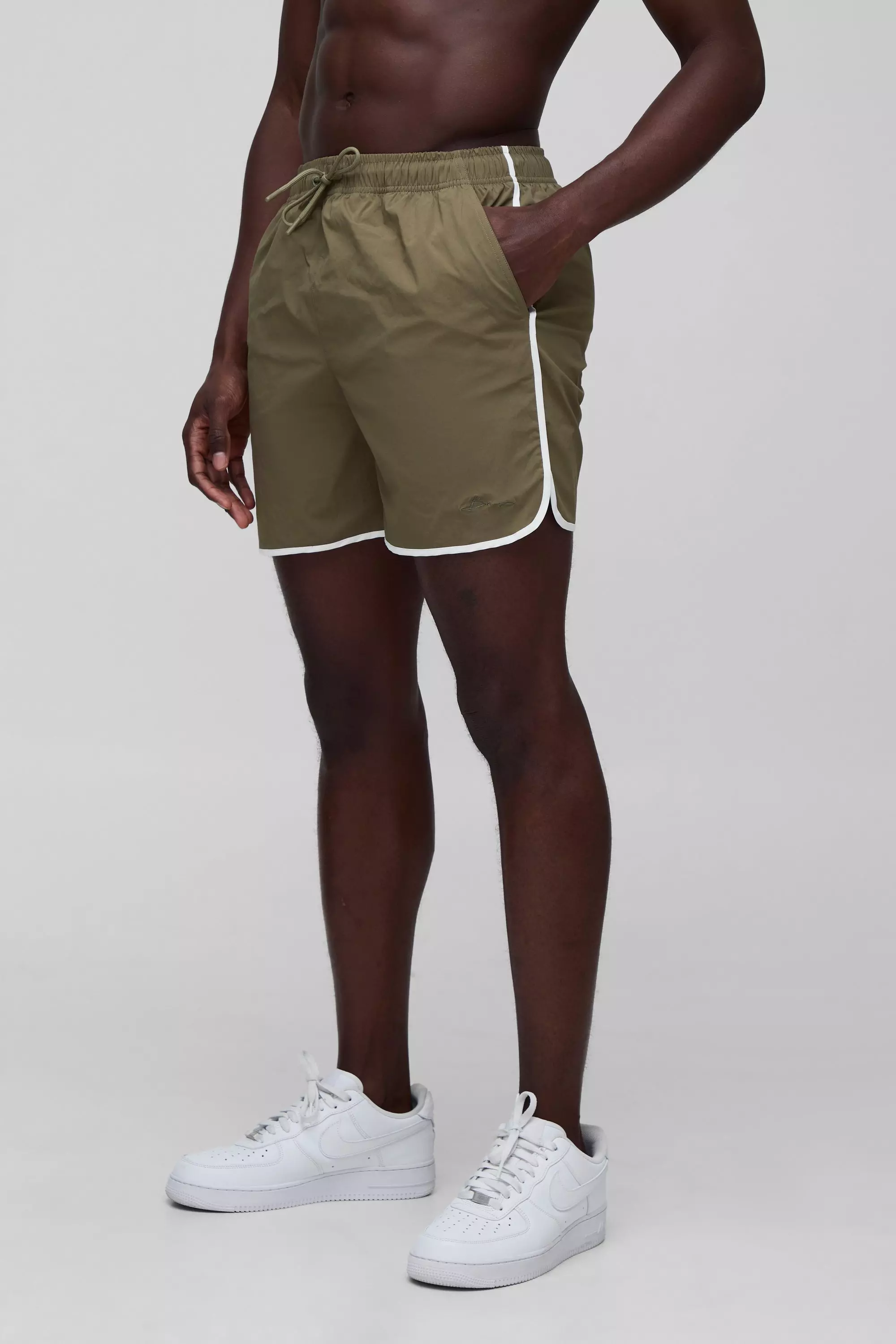 Regular Fit Mid Length Runner Hem BM Swim Short Khaki