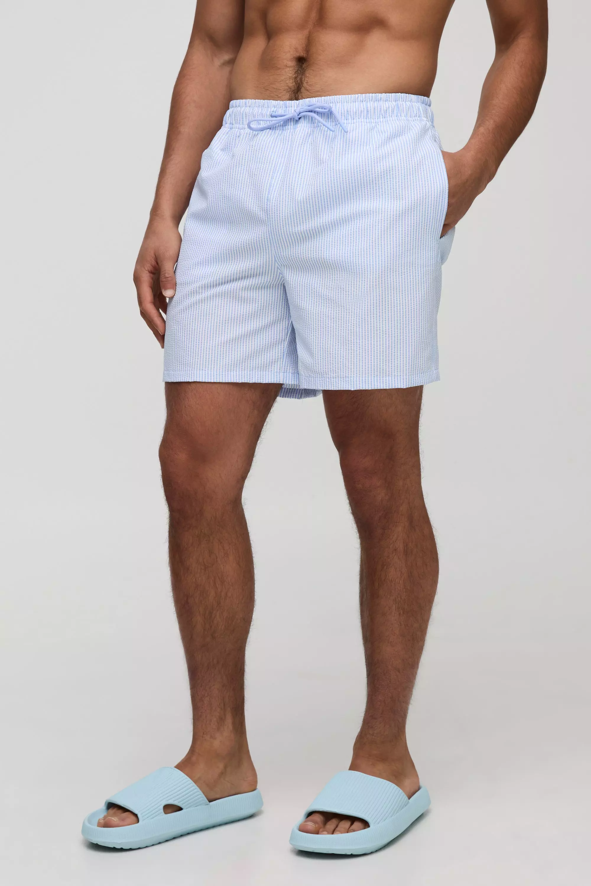 Blue Regular Fit Mid Length Seersucker Stripe Swims