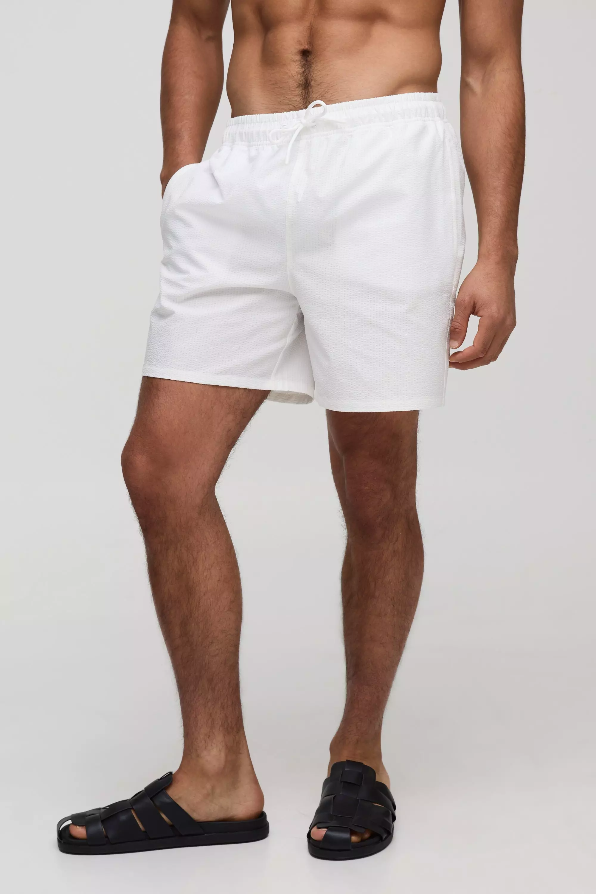 Regular Fit Mid Length Seersucker Stripe Swims White