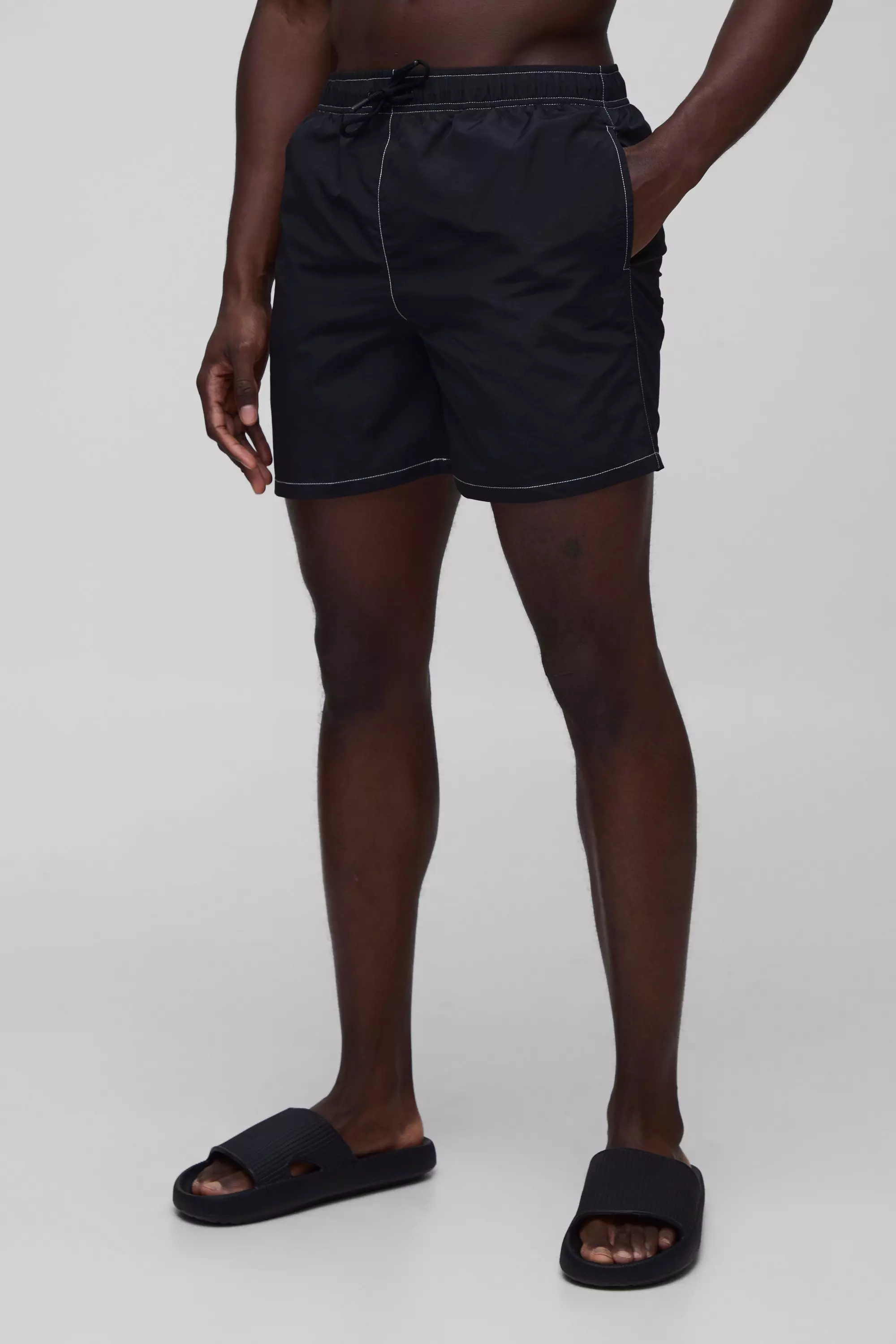 Regular Fit Mid Length Contrast Stitch Swim Short Black