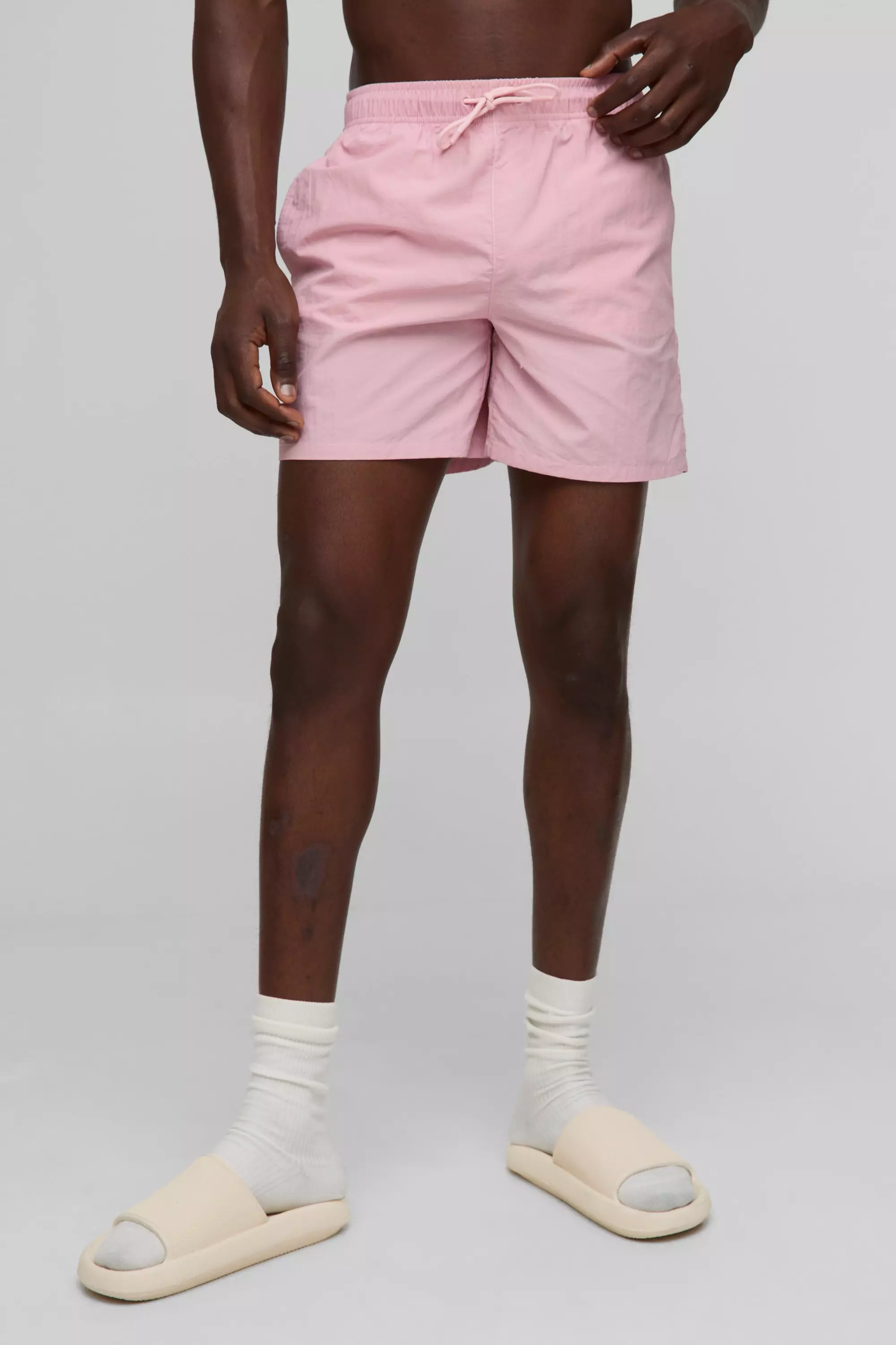 Regular Fit Mid Length Contrast Stitch Swim Short Light pink