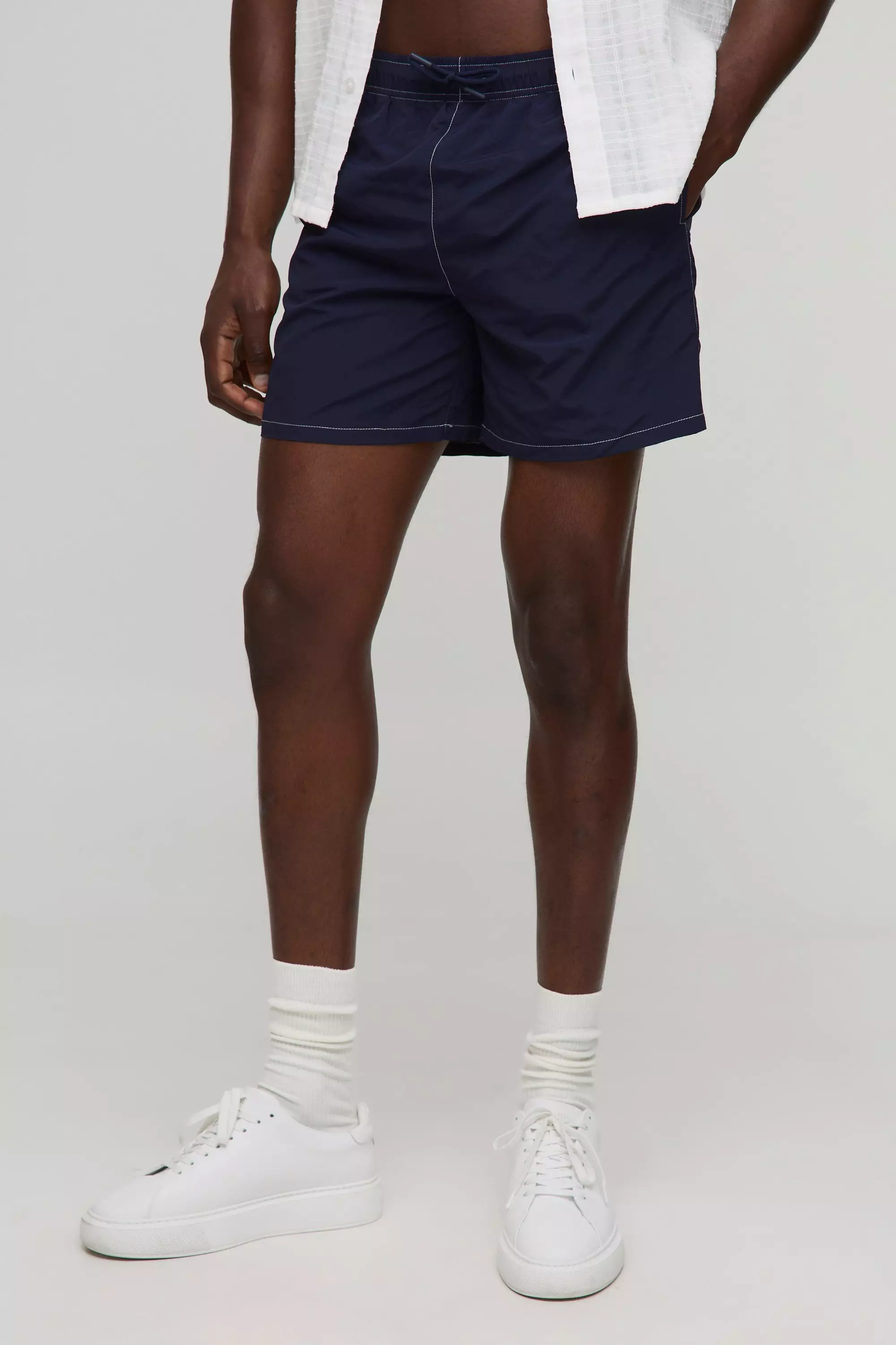 Regular Fit Mid Length Contrast Stitch Swim Short Navy