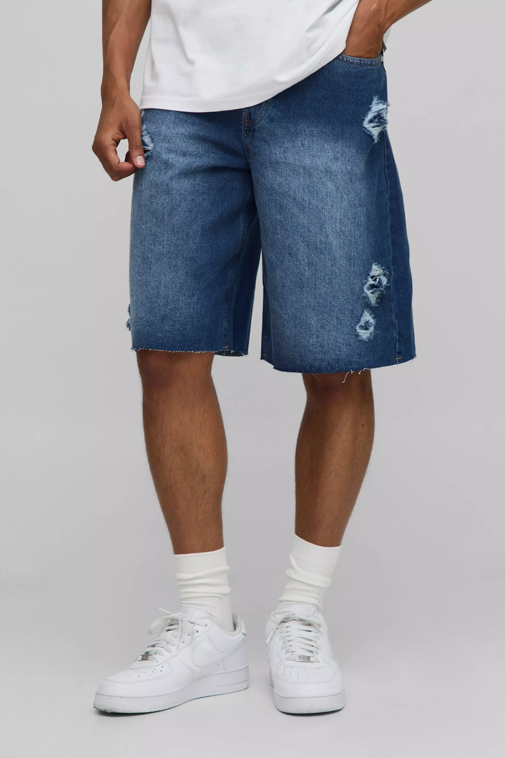 Baggy Fit Star Applique Washed Denim Shorts Vintage blue