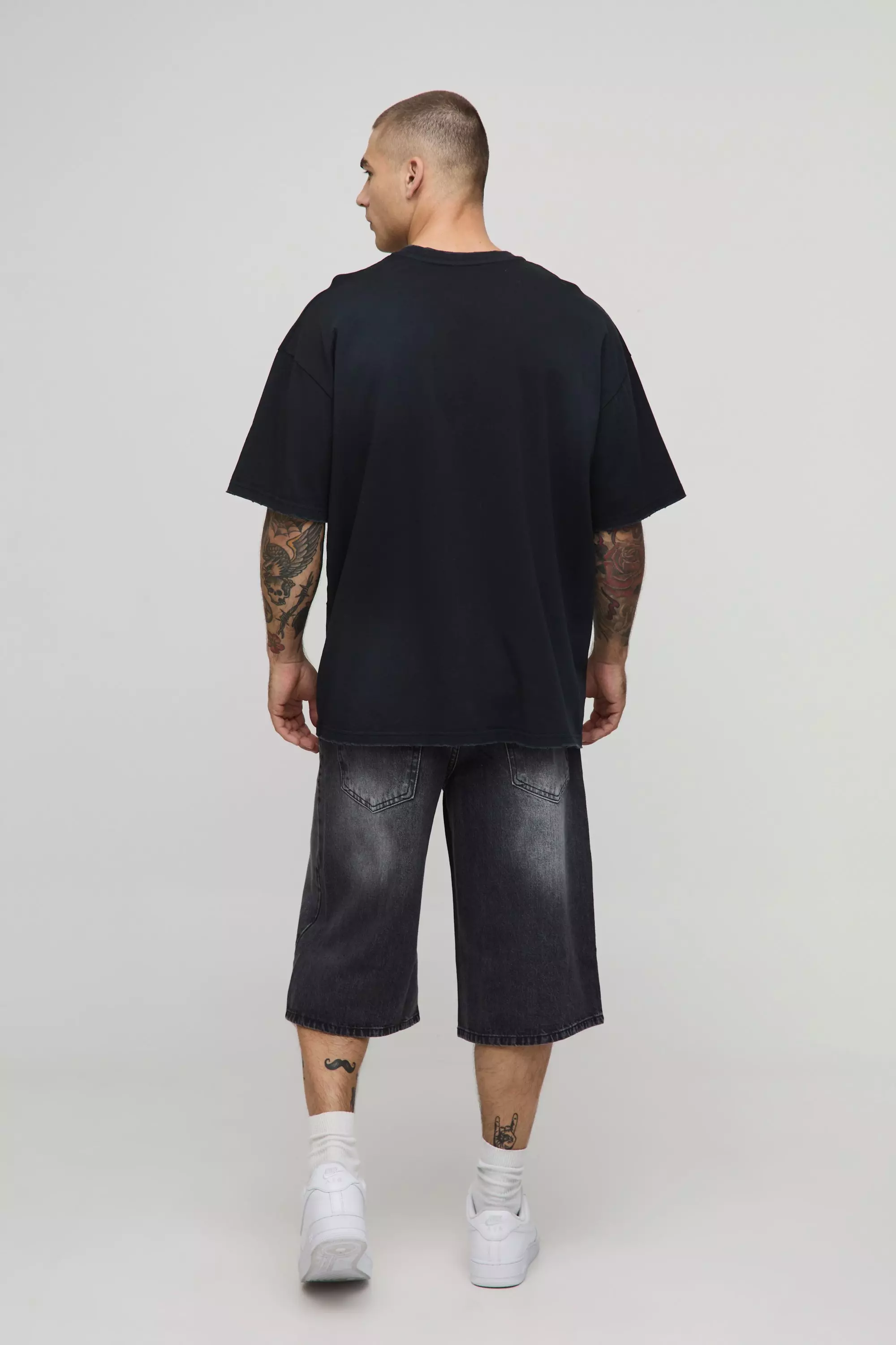 Longline Washed Denim Jorts | boohooMAN USA