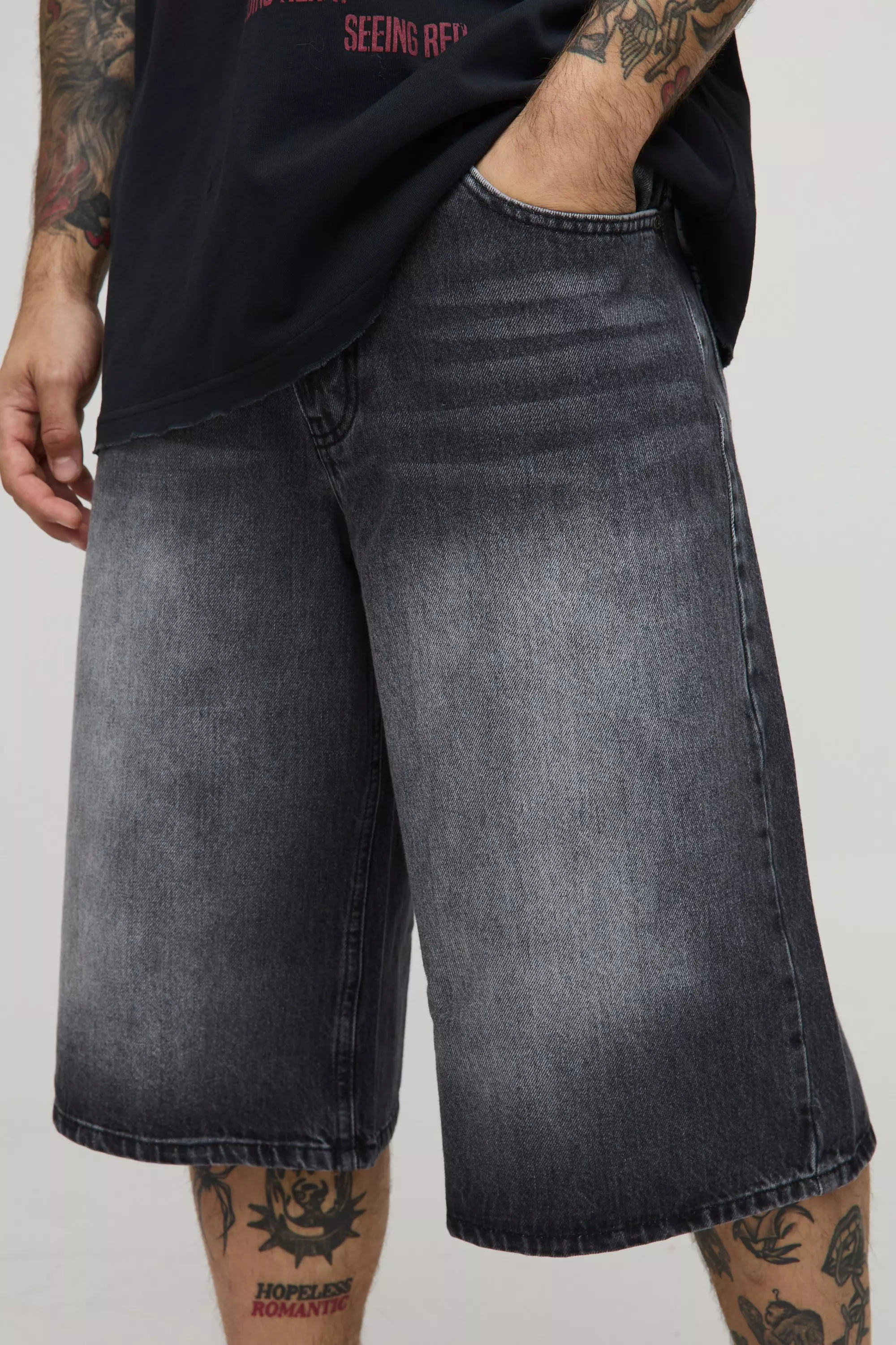 Longline Washed Denim Jorts | boohooMAN USA