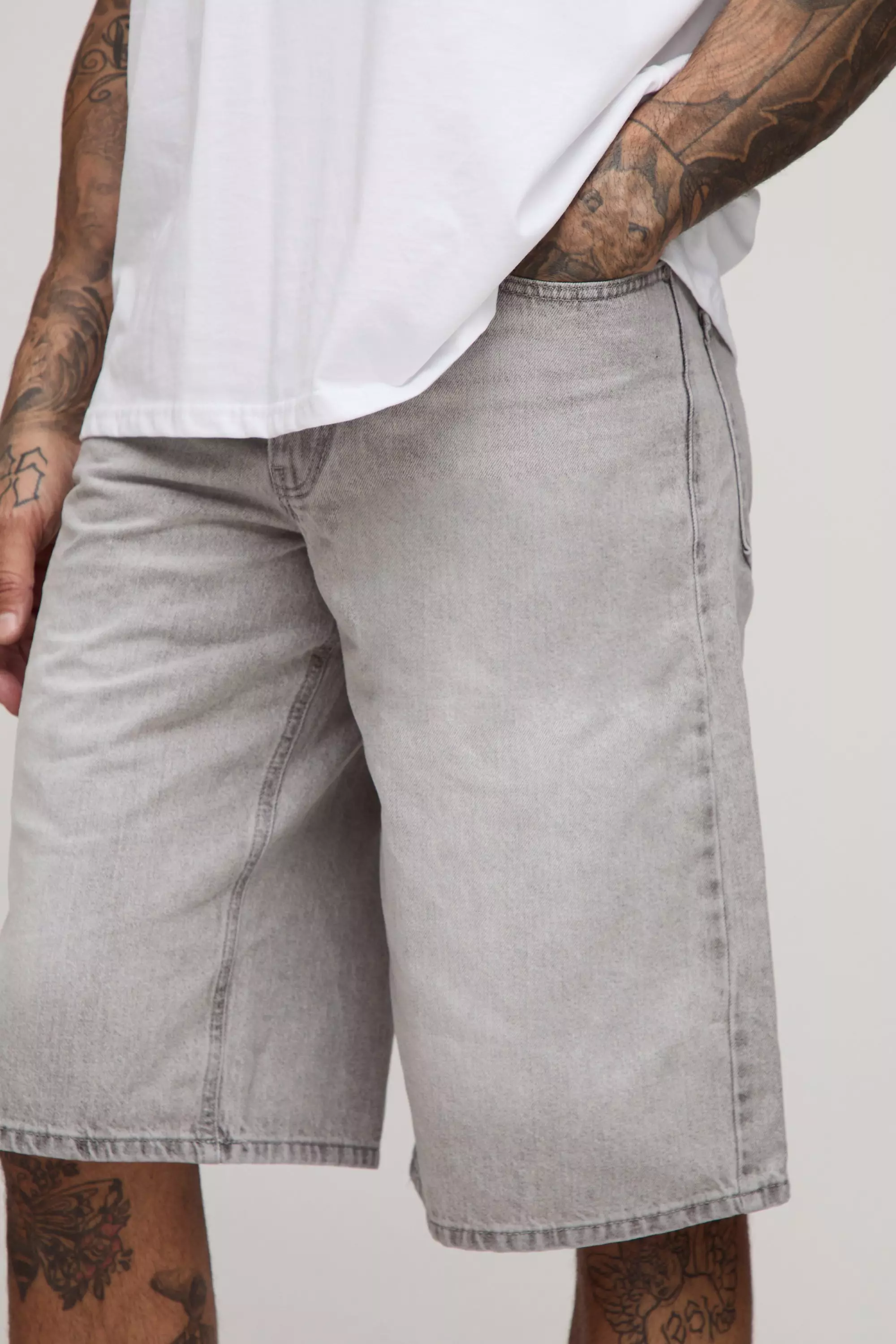 Longline Washed Denim Jorts | boohooMAN USA