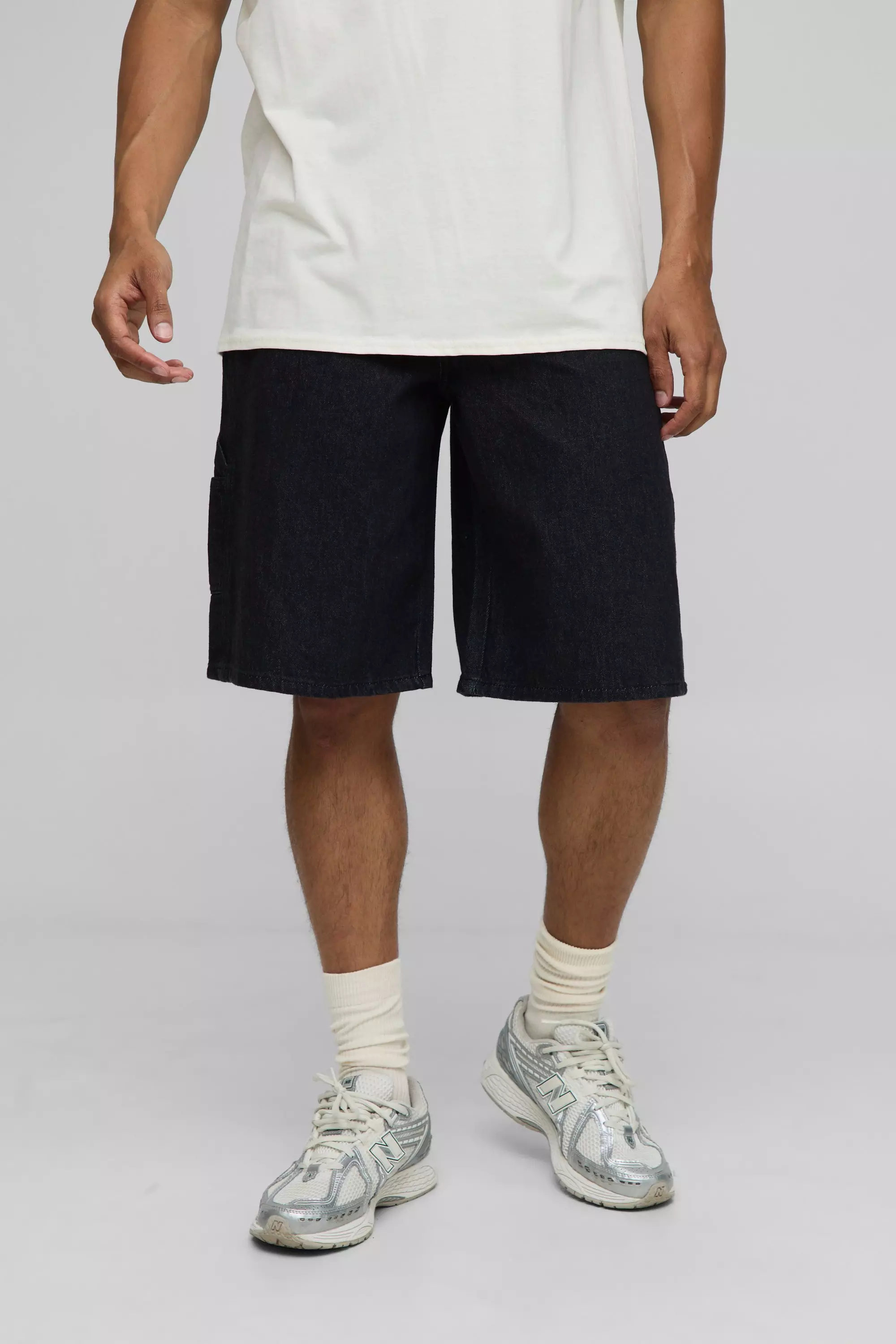 Baggy Fit Carpenter Contrast Stitch Denim Shorts Black