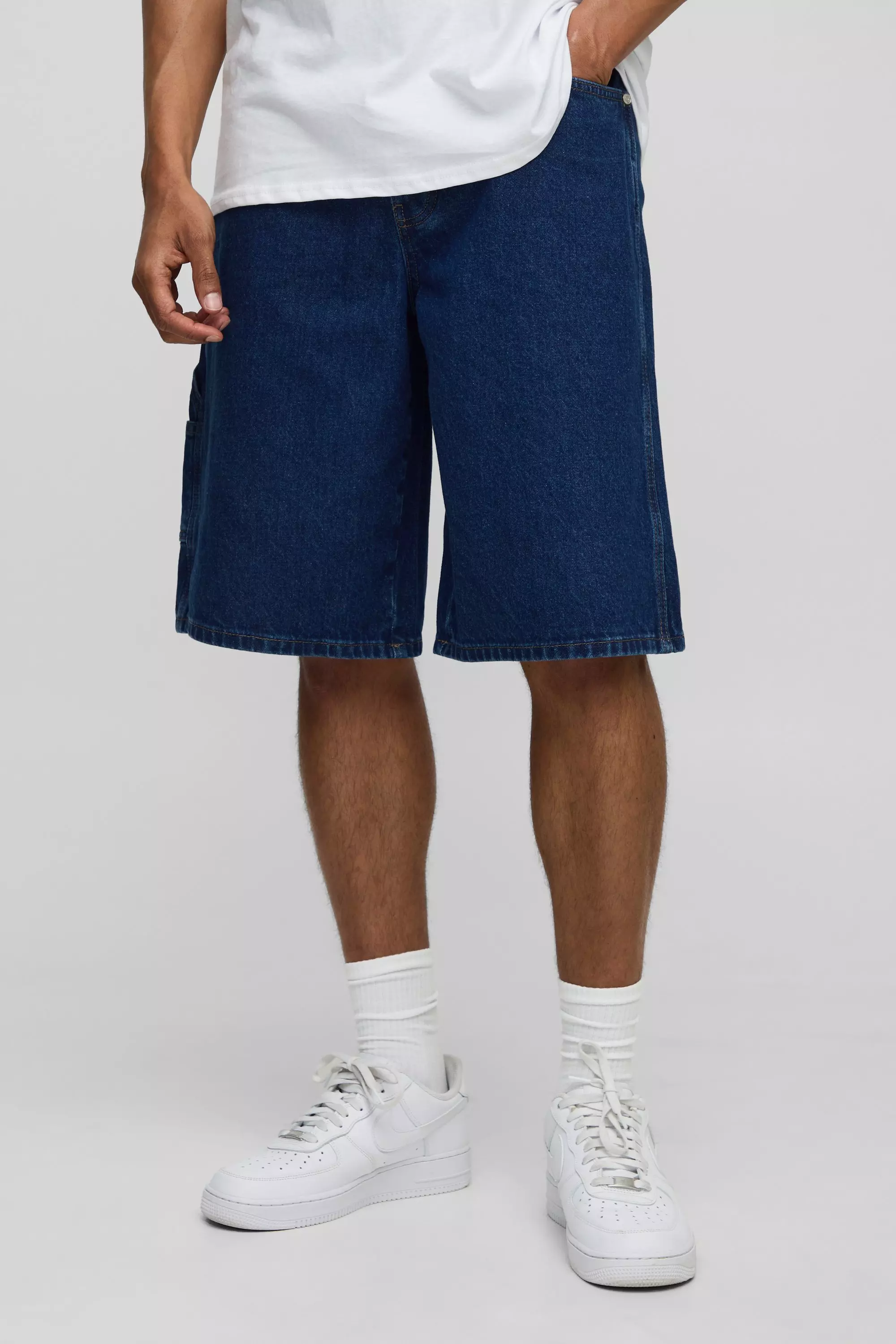 Baggy Fit Carpenter Contrast Stitch Denim Shorts Mid blue
