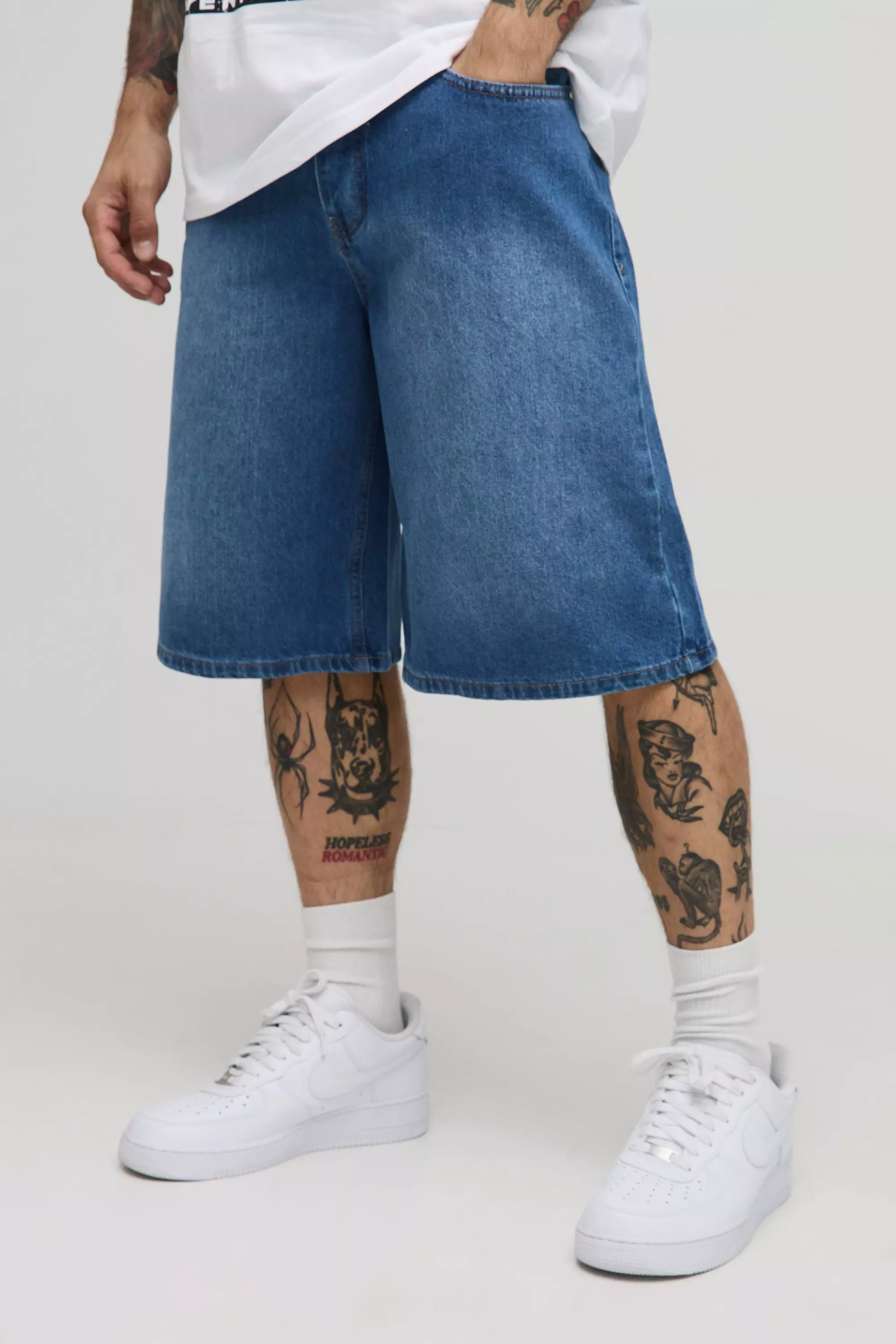 Baggy Fit Washed Denim Shorts Mid blue