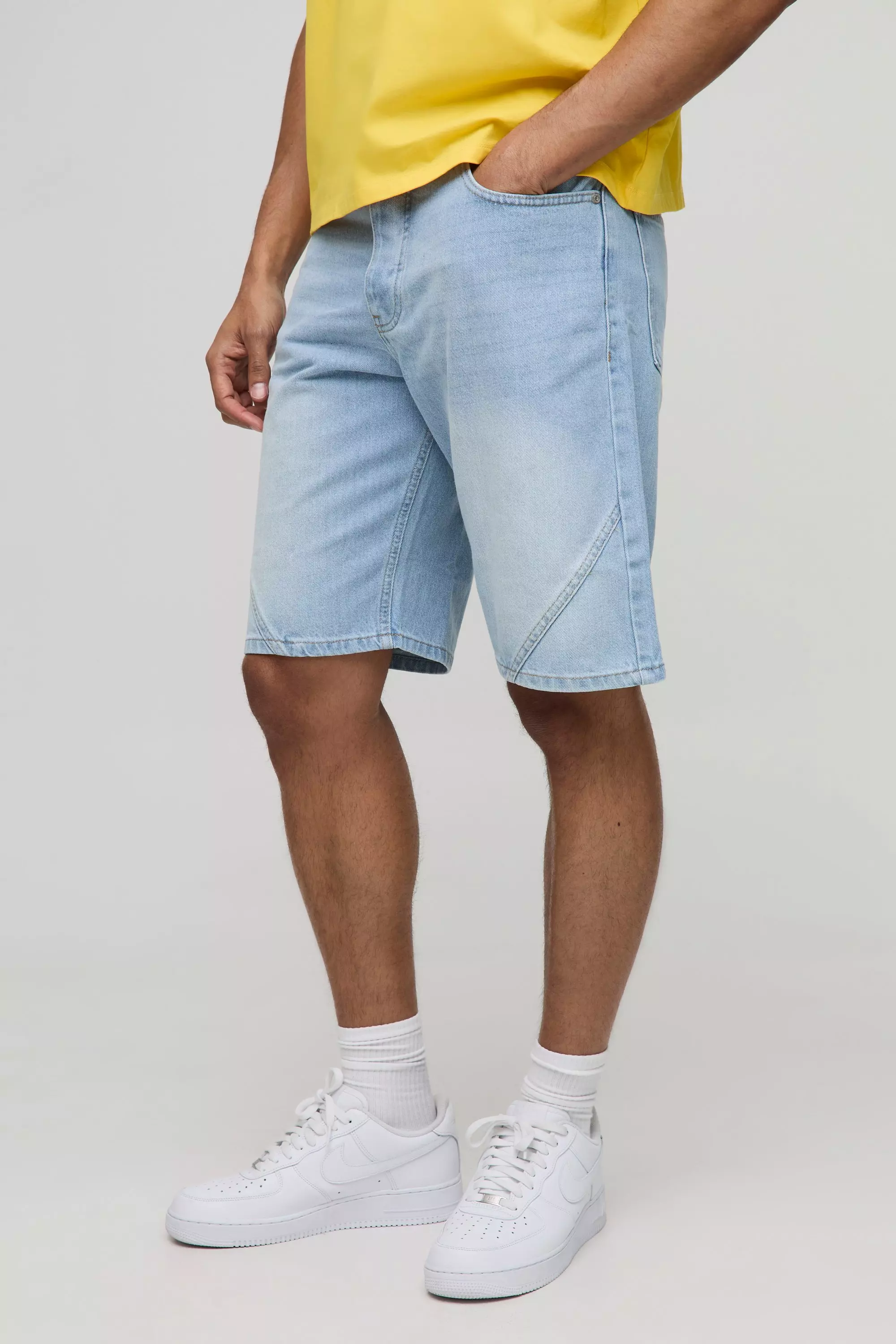 Relaxed Fit Panelled Washed Denim Shorts Light blue