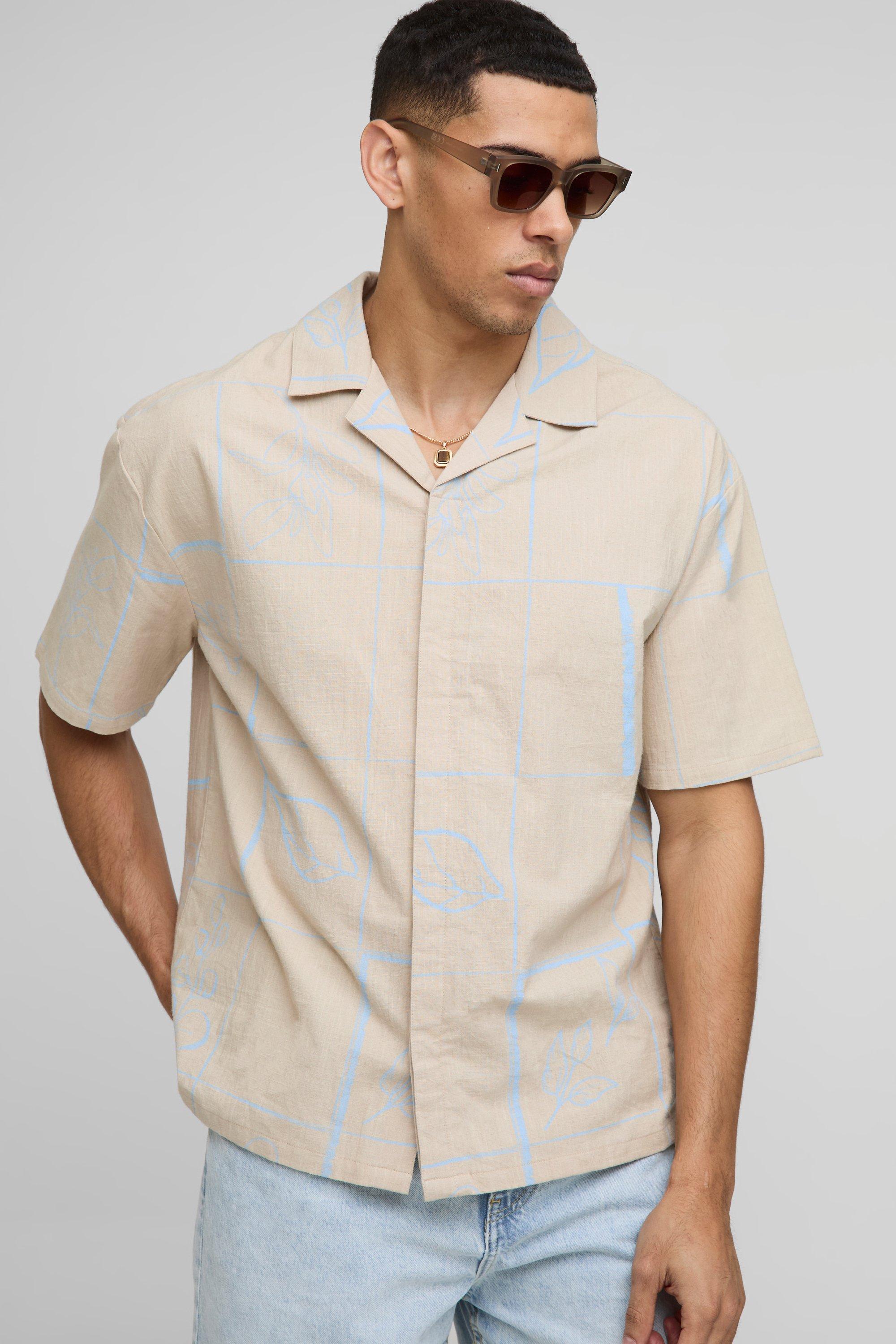 Oversized Linen Look Printed Short Sleeve Shirt | boohooMAN USA