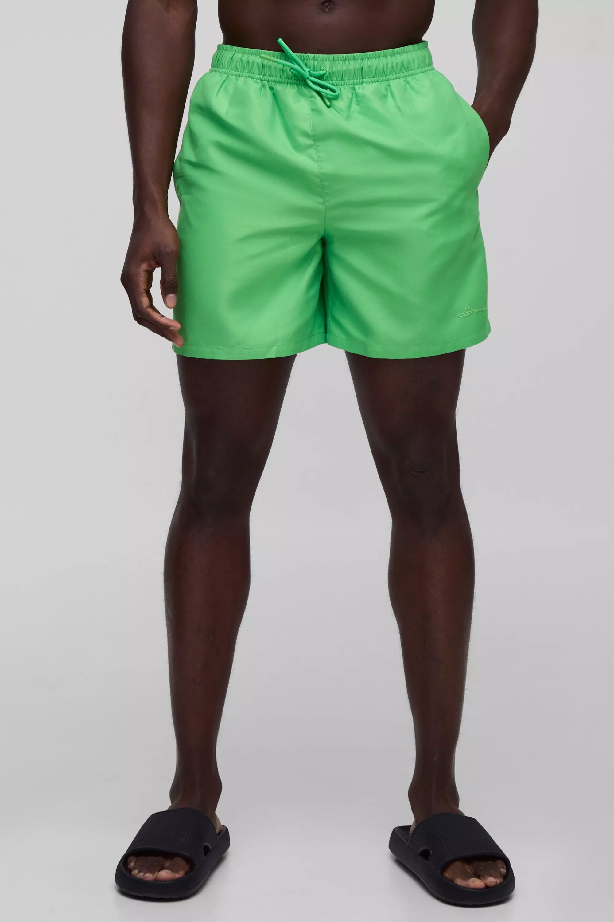 Green Mid Length Embroidered Branded Swim Short