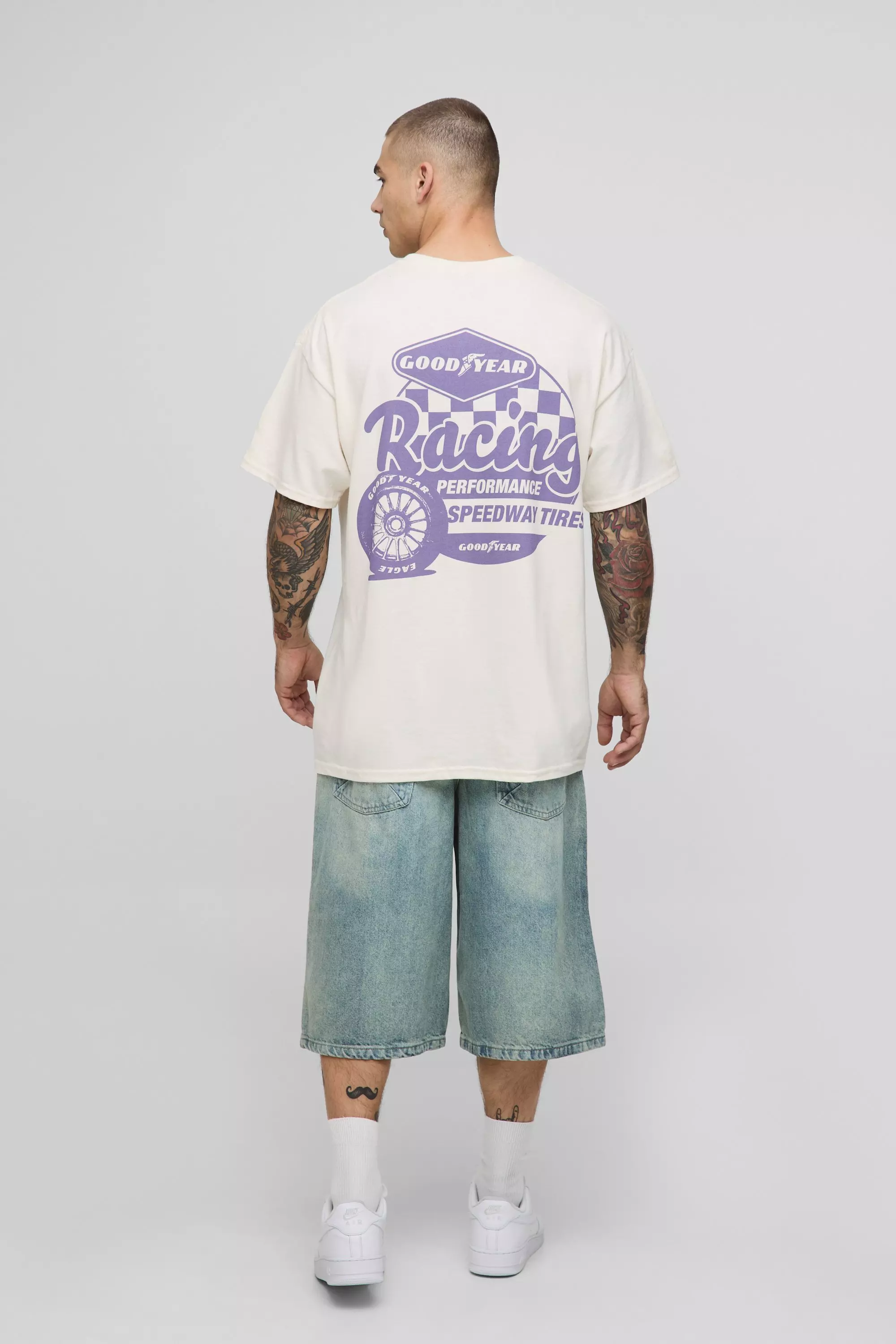 Ecru Oversized Goodyear Racing Tyre License Graphic T Shirt | boohooMAN USA