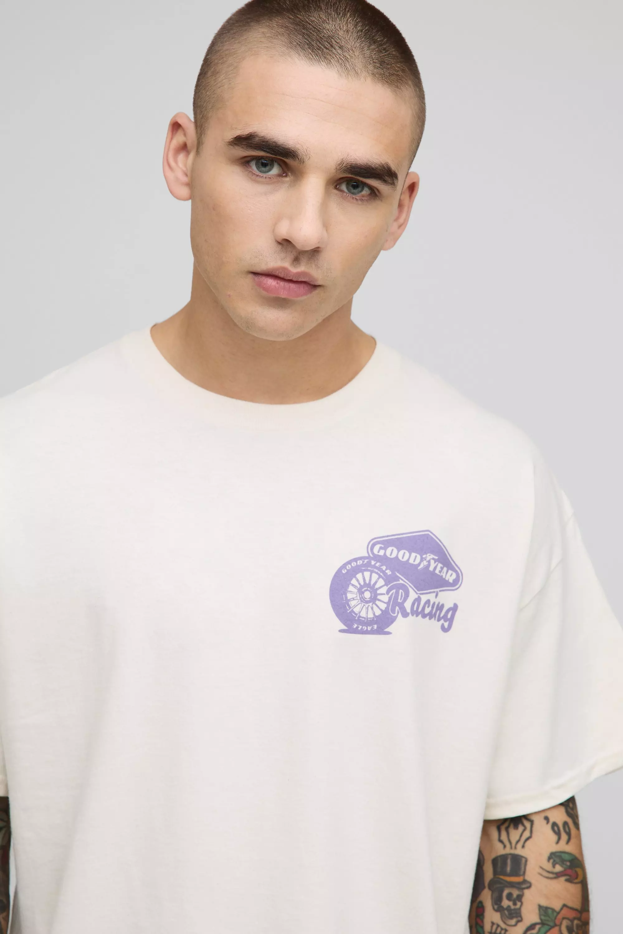 Ecru Oversized Goodyear Racing Tyre License Graphic T Shirt | boohooMAN USA