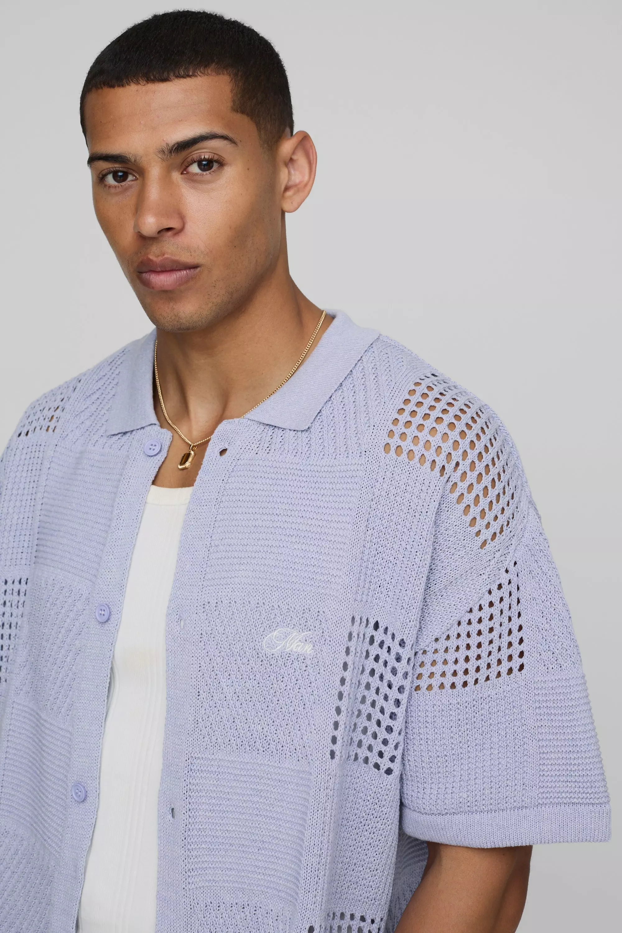 MAN Oversized Multi Patch Open Stitch Knitted Shirt | boohooMAN USA