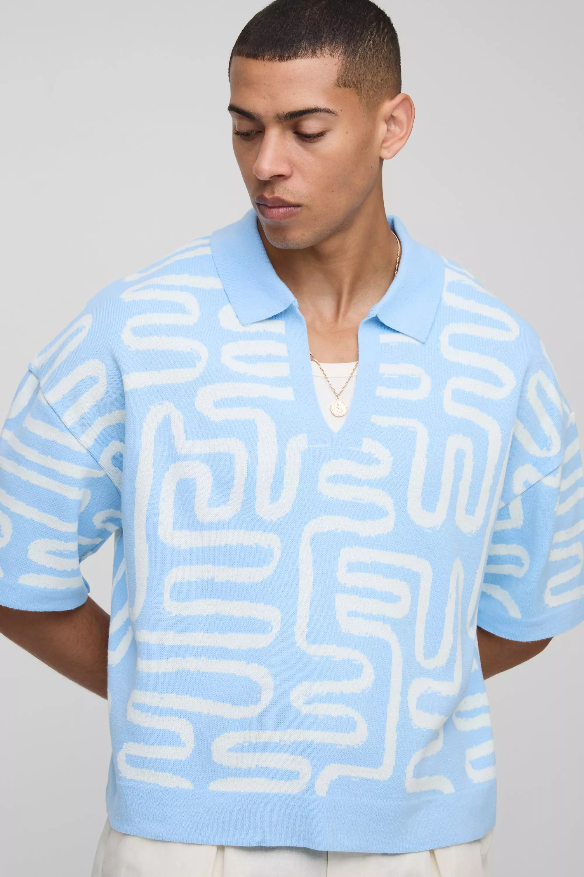 Oversized Boxy Abstract Knitted Polo Light blue