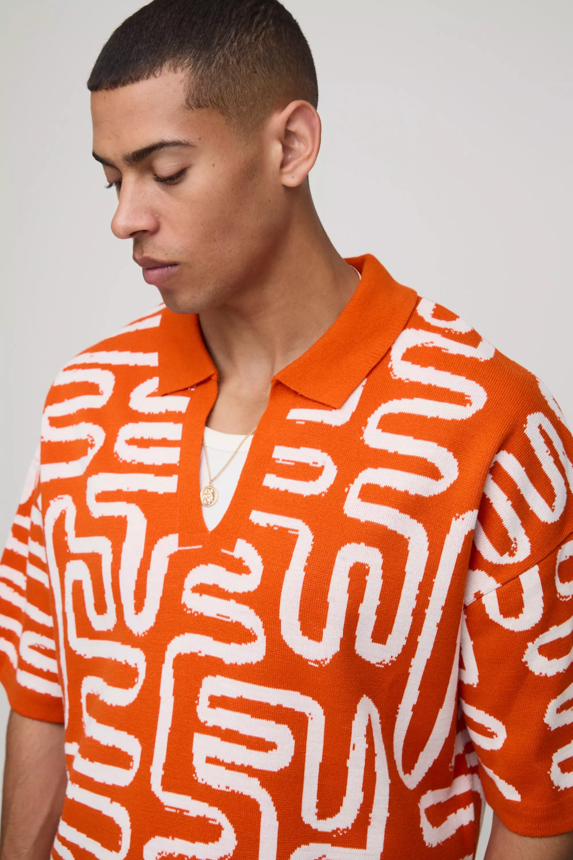 Oversized Boxy Abstract Knitted Polo | boohooMAN USA
