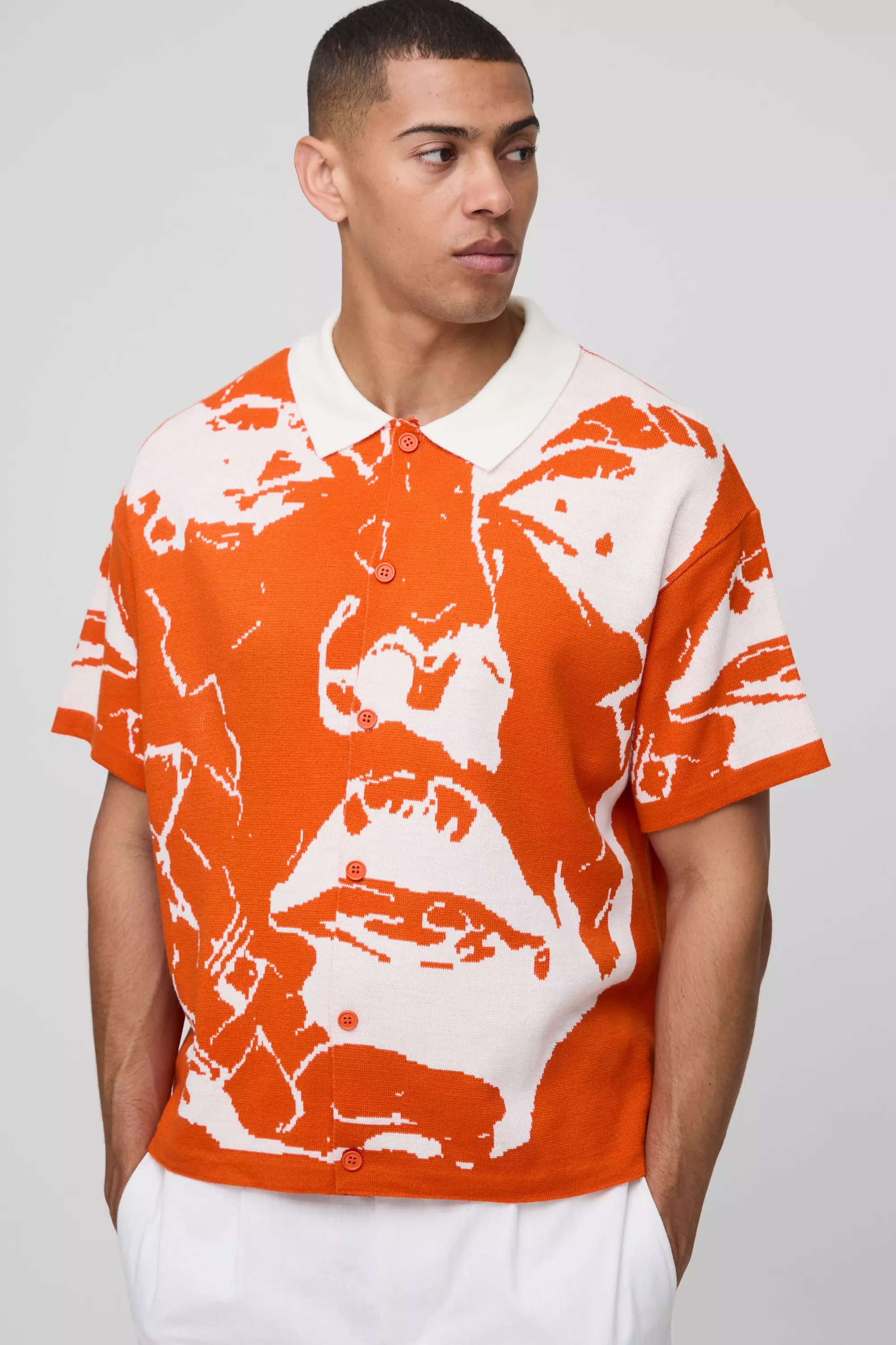 Boxy Line Drawing Knitted Shirt Orange